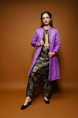 girl in Vintage Metallic Lace Tunic & Harem Pant Set w/ purple Oscar coat at Recess Los Angeles