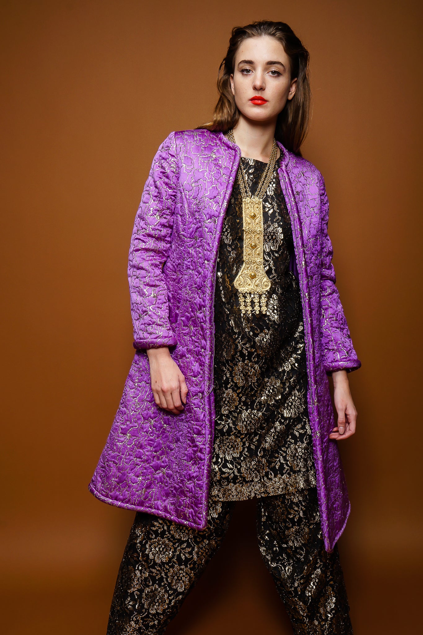 girl in Vintage Metallic Lace Tunic & Harem Pant Set w/ purple Oscar coat at Recess Los Angeles