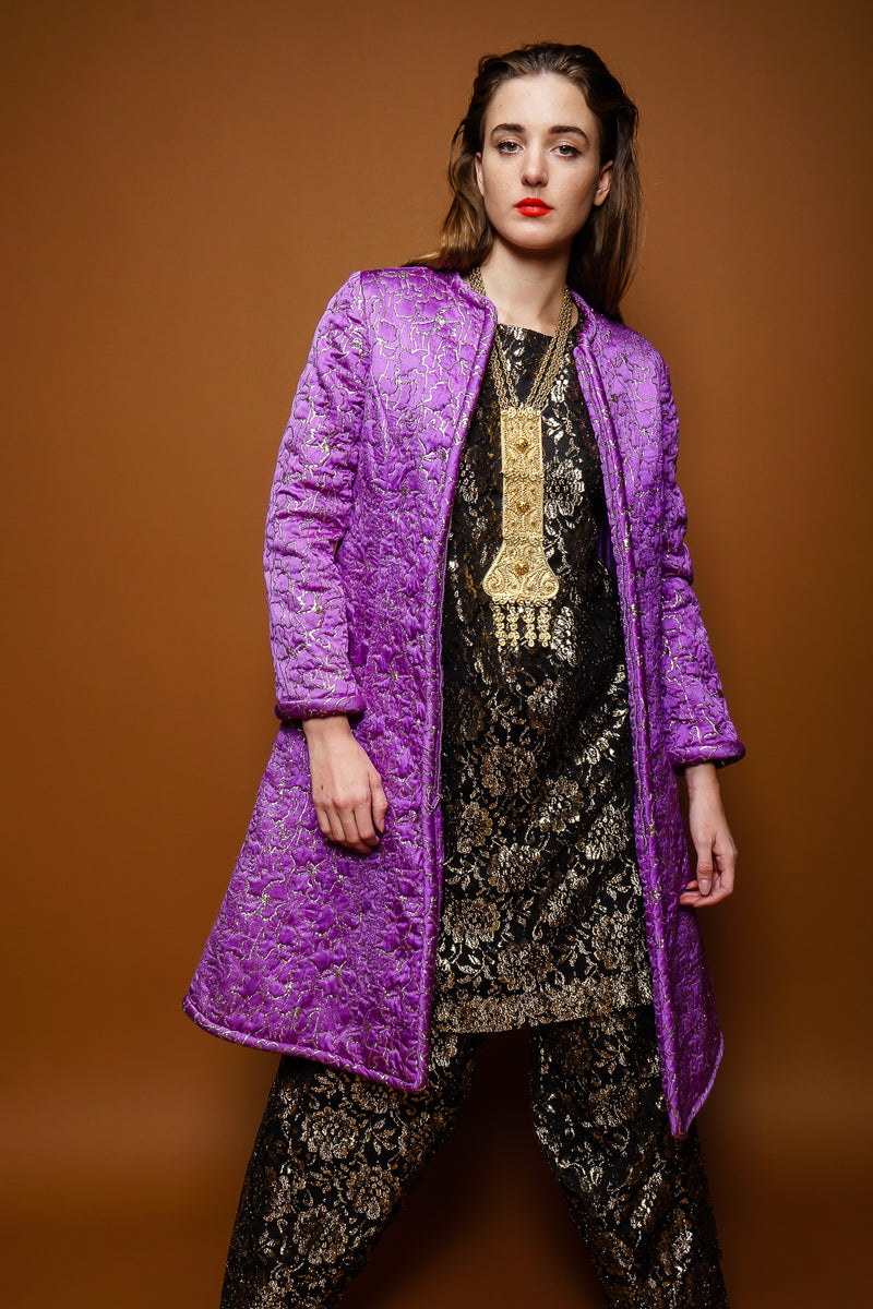 girl in Vintage Oscar de la Renta Abstract Floral Brocade Coat & lace pant set on brown @ Recess LA