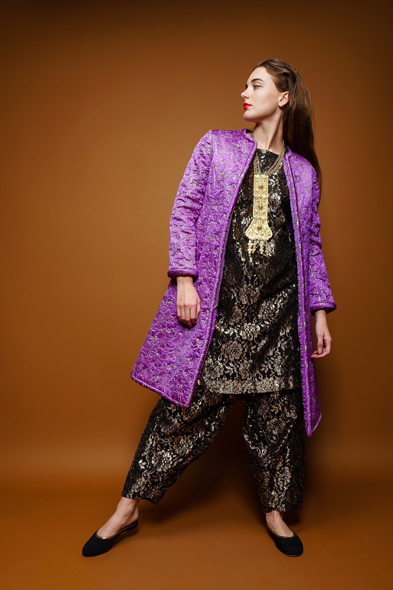 girl in Vintage Oscar de la Renta Abstract Floral Brocade Coat & lace pant set on brown @ Recess LA