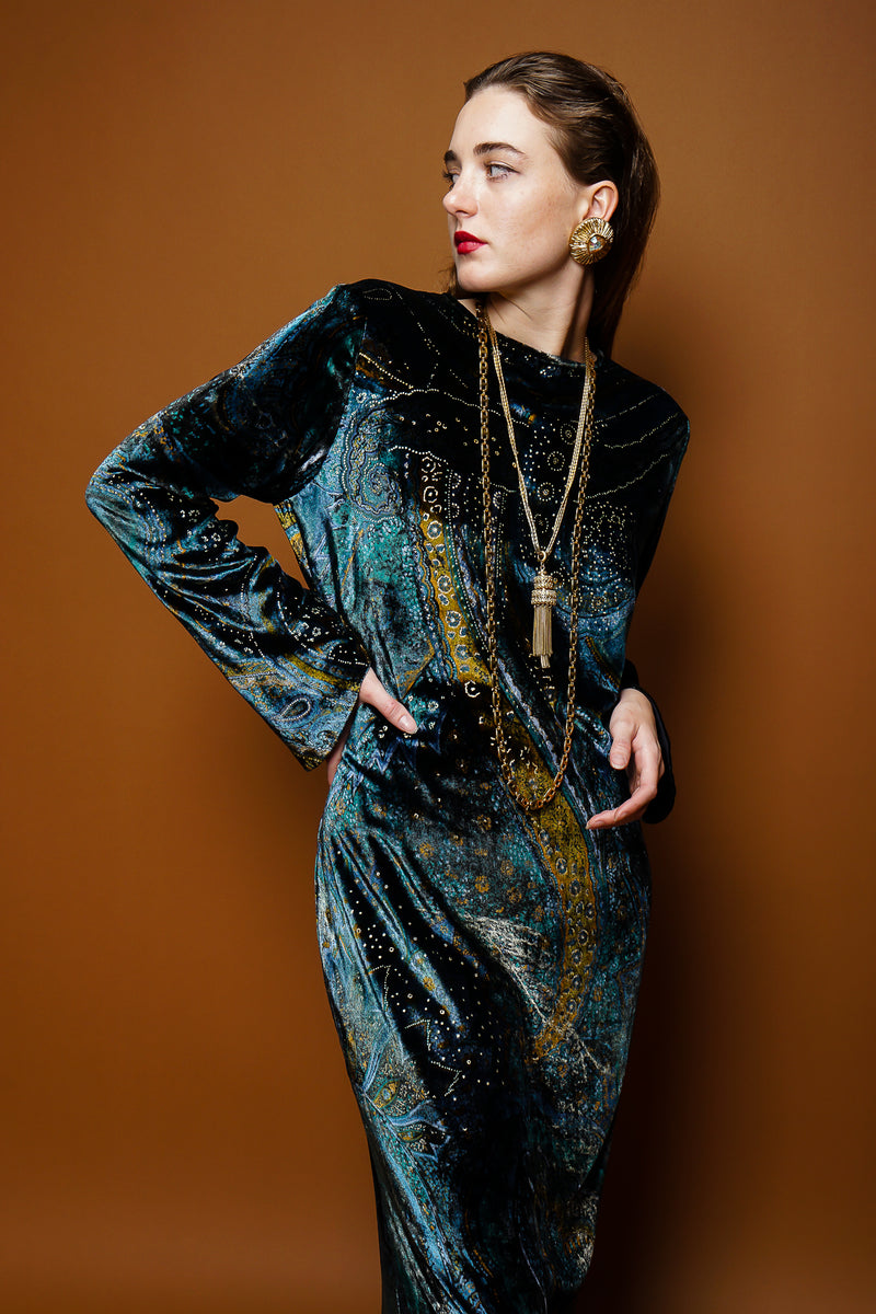 girl in Vintage YSL Yves Saint Laurent Velvet Cosmic Paisley Gown & necklaces on brown at Recess LA