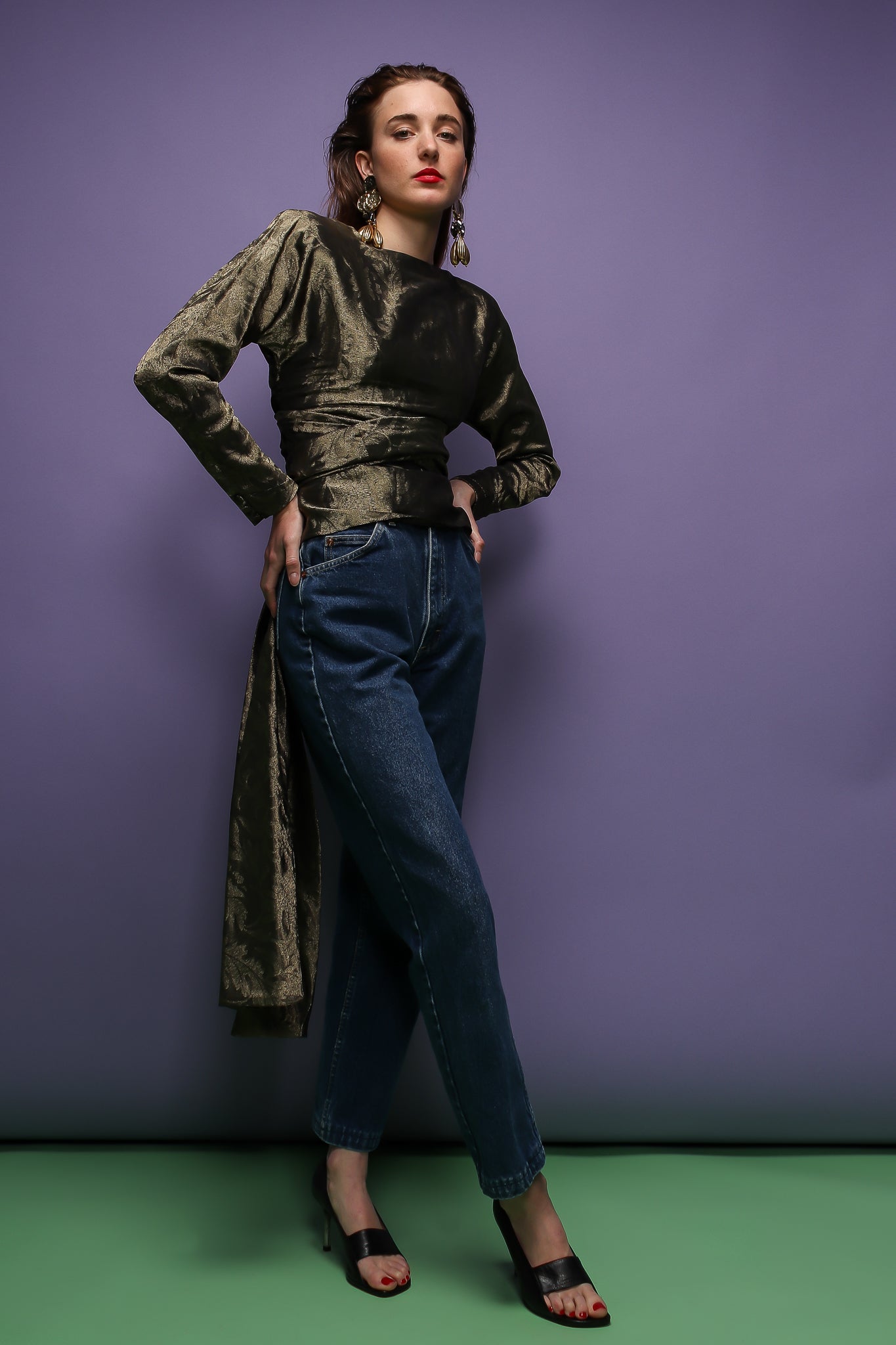 girl in Vintage Carolyne Roehm Metallic Backless Waist Wrap Top on purple background at Recess LA