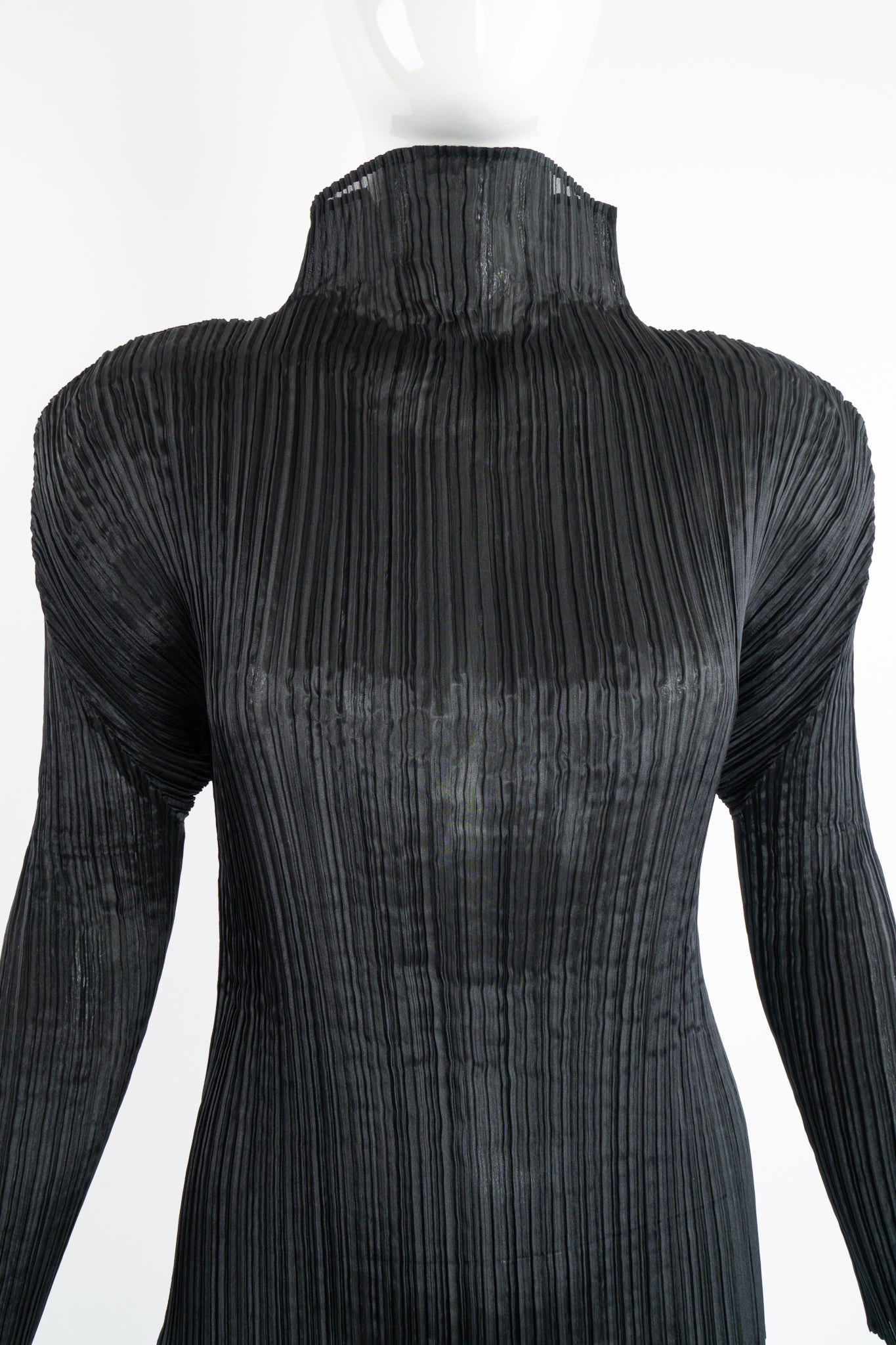 Vintage Issey Miyake Pleats Please Sheer Pleated Mockneck Top on Mannequin frt crop at Recess LA