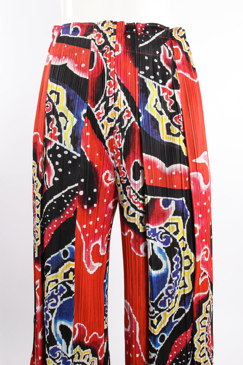 VIntage Pleats Please Issey Miyake Wide Leg Fire Print Palazzo Pant on Mannequin waist @ Recess LA