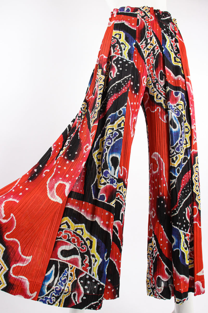 VIntage Pleats Please Issey Miyake Wide Leg Fire Print Palazzo Pant on Mannequin angle @ Recess LA