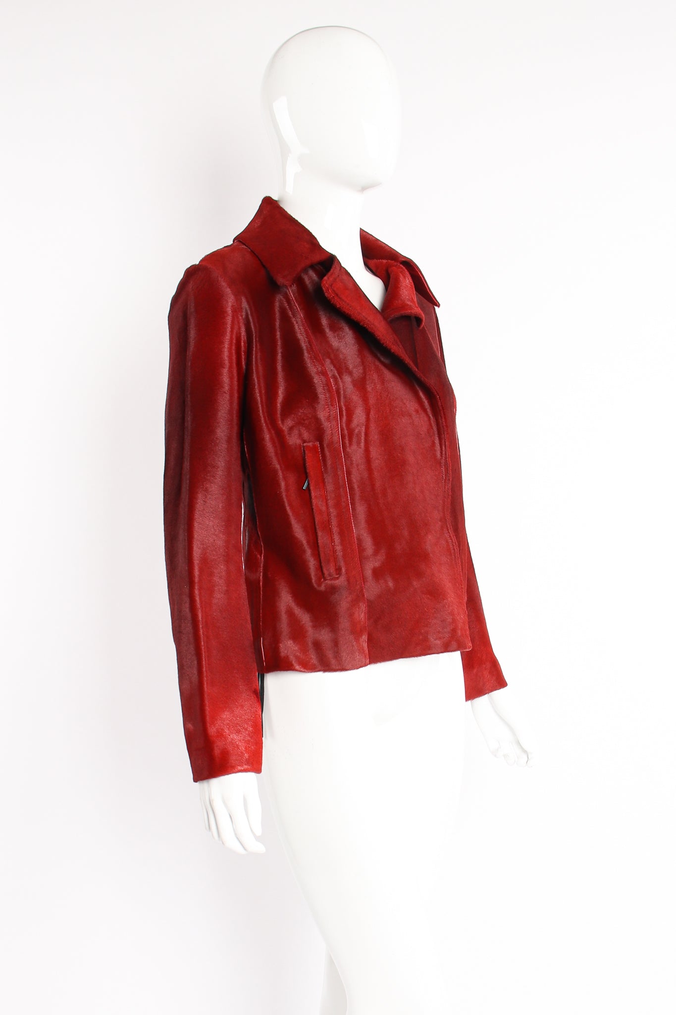 Vintage Plein Sud Blood red Pony Hair Moto Jacket on Mannequin side at Recess Los Angeles