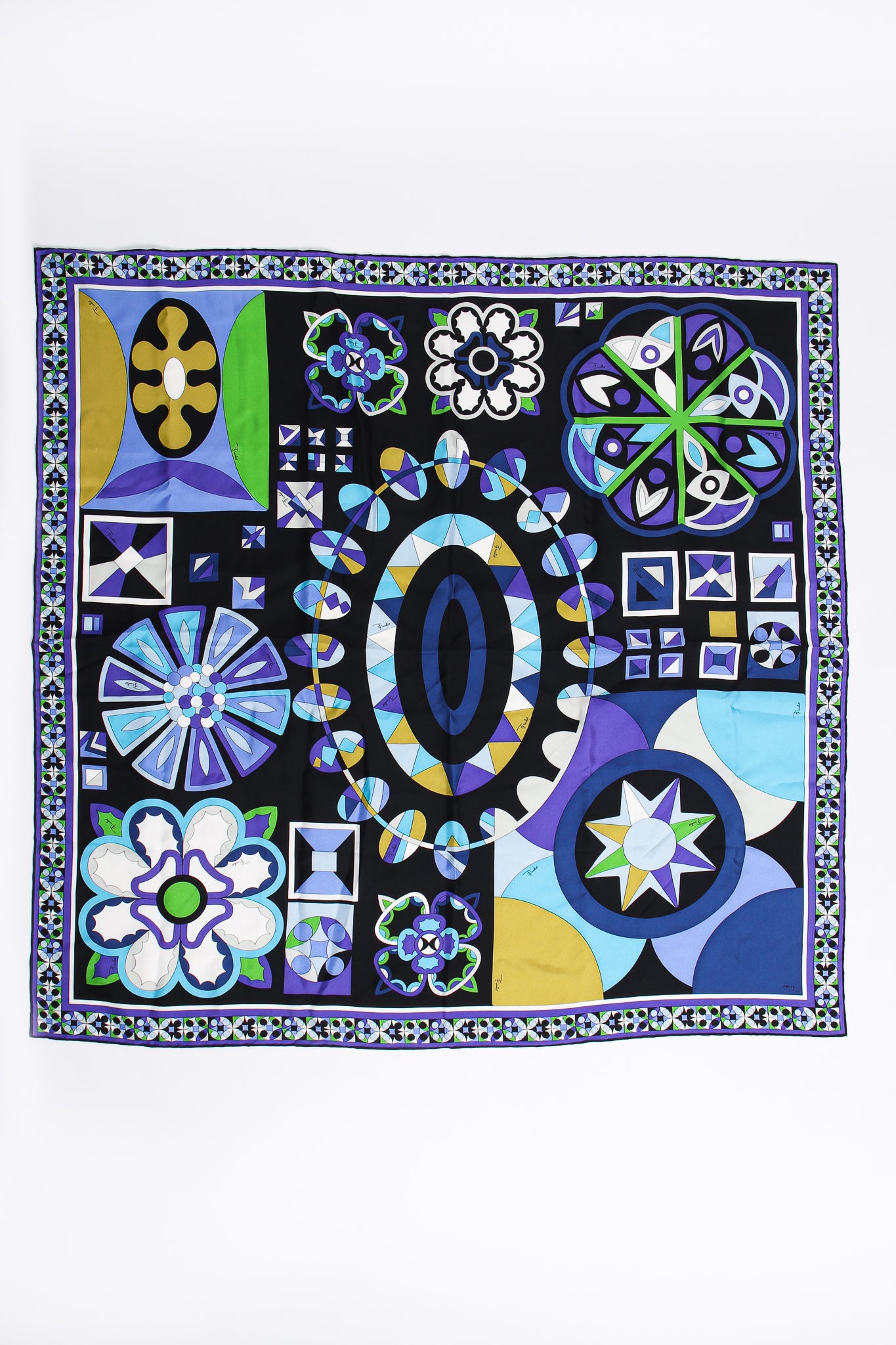 Vintage Emilio Pucci Geometric Kaleidoscope Print Silk Scarf flat at Recess Los Angeles