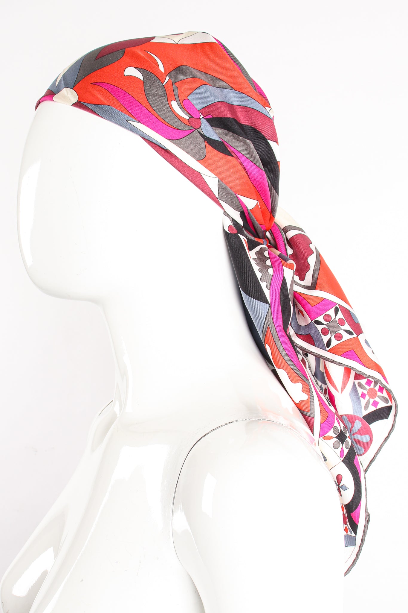 Vintage Emilio Pucci Fuchsia Geometric Phoenix Print Silk Scarf on mannequin at Recess Los Angeles