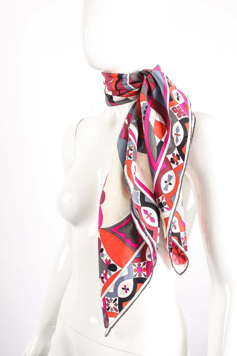 Vintage Emilio Pucci Fuchsia Geometric Phoenix Print Silk Scarf on mannequin at Recess Los Angeles