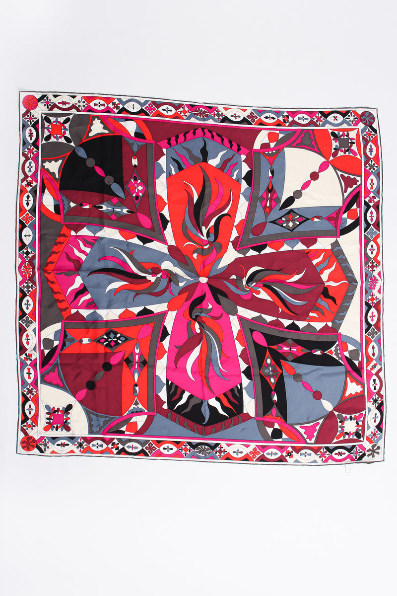 Vintage Emilio Pucci Fuchsia Geometric Phoenix Print Silk Scarf flat at Recess Los Angeles