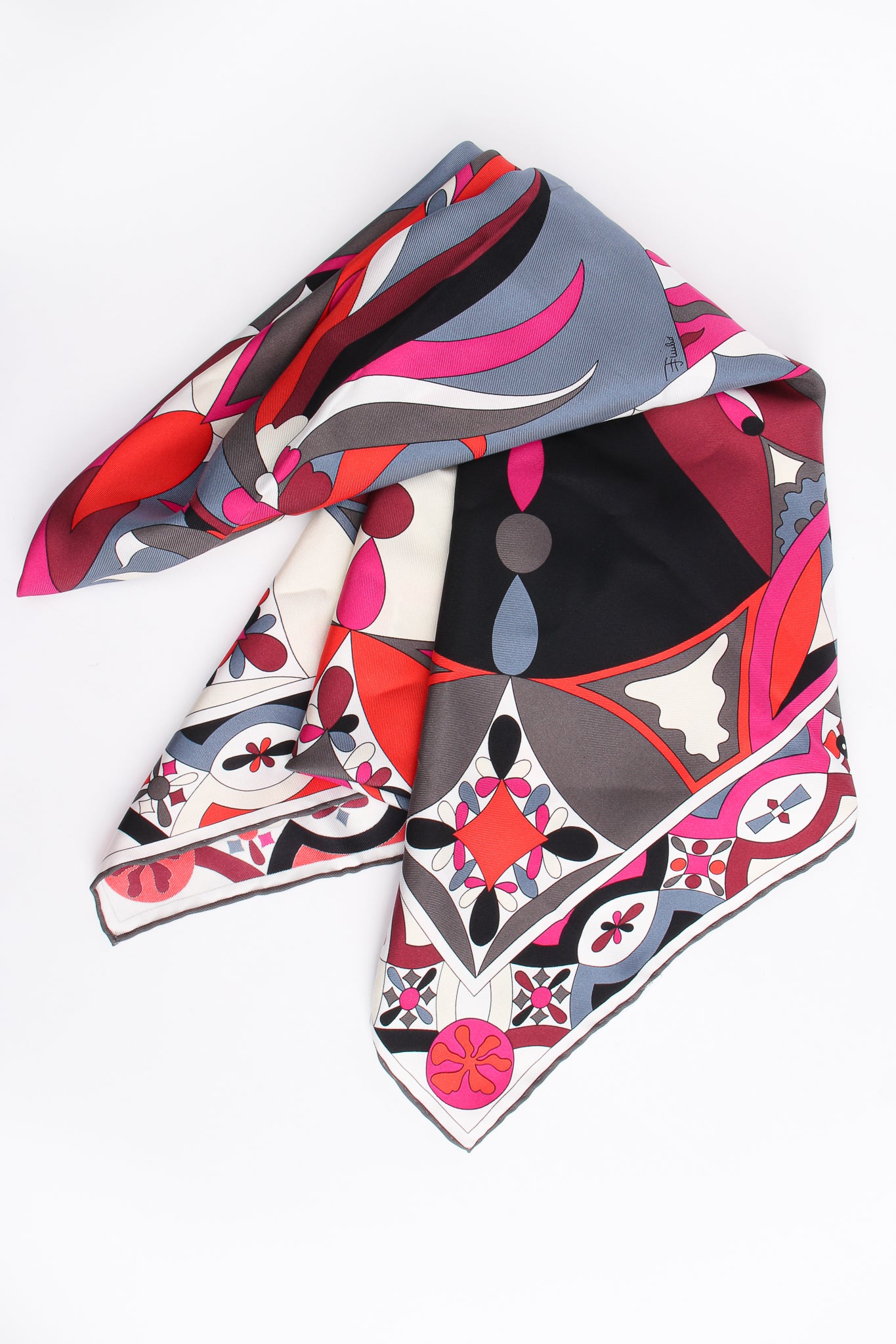 Vintage Emilio Pucci Fuchsia Geometric Phoenix Print Silk Scarf flat at Recess Los Angeles