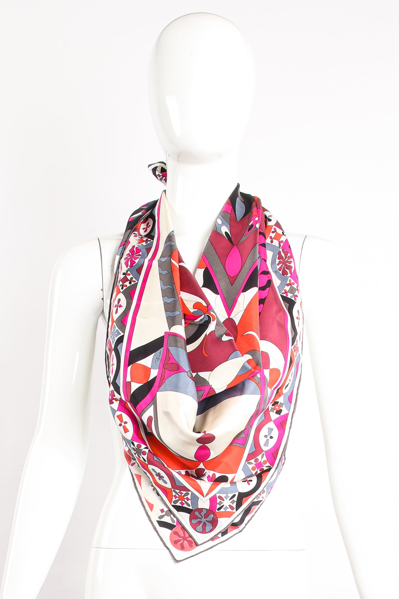 Vintage Emilio Pucci Fuchsia Geometric Phoenix Print Silk Scarf on mannequin at Recess Los Angeles