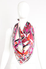 Vintage Emilio Pucci Fuchsia Geometric Phoenix Print Silk Scarf on mannequin at Recess Los Angeles