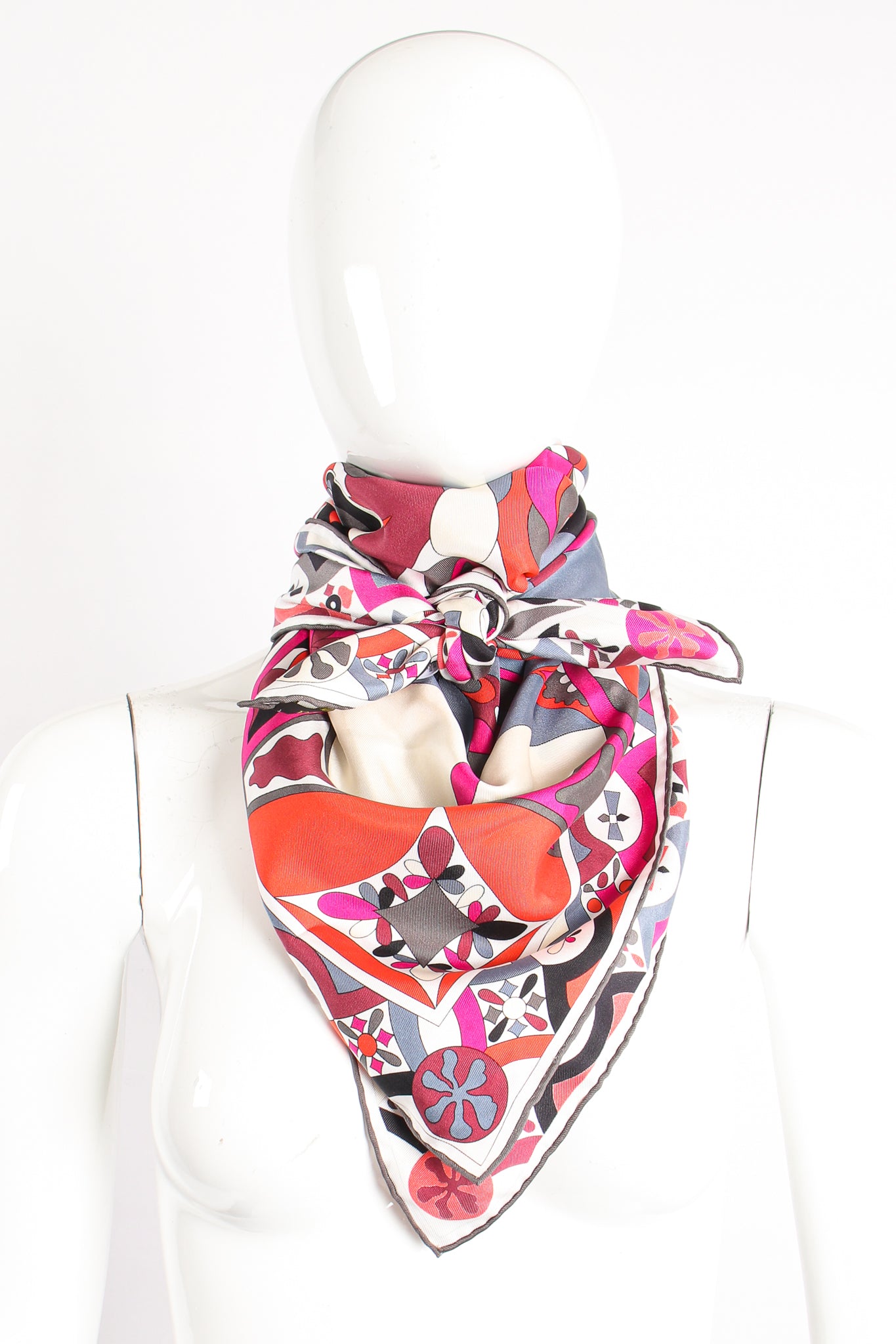 Vintage Emilio Pucci Fuchsia Geometric Phoenix Print Silk Scarf on mannequin at Recess Los Angeles