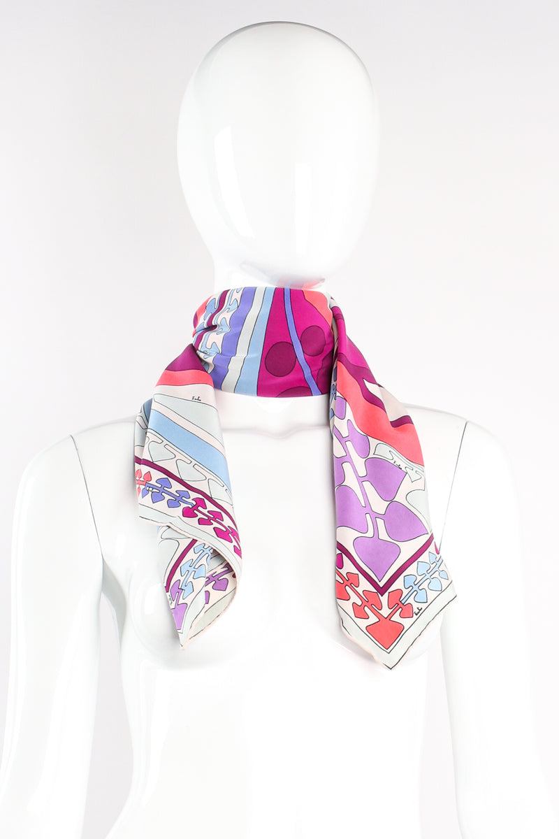 Vintage Pucci Psychedelic Floral Leaf Print Silk Scarf on mannequin at Recess Los Angeles