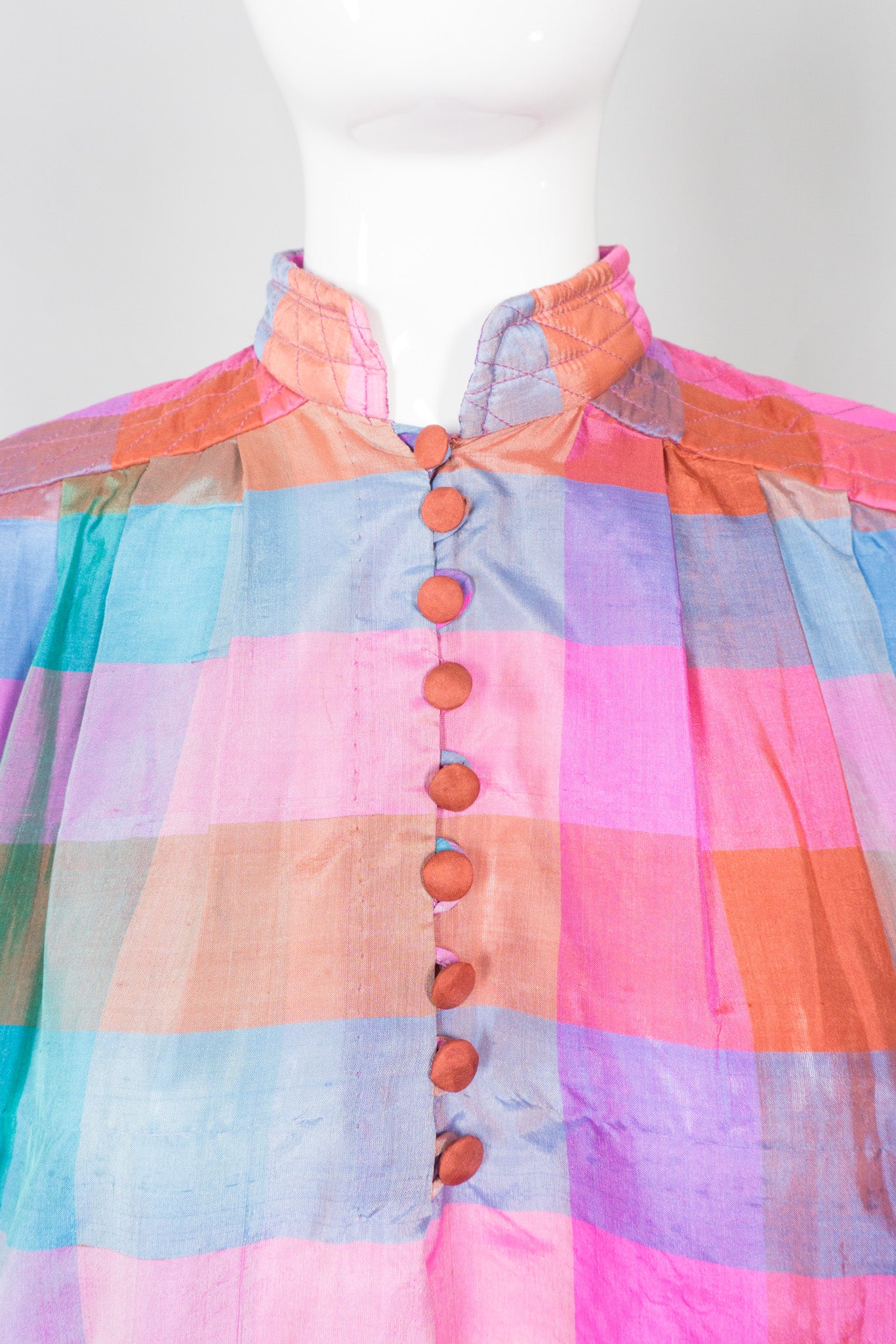 Raksha of Hindimp London for Neiman Marcus Pastel Plaid Check Vintage Silk Kaftan