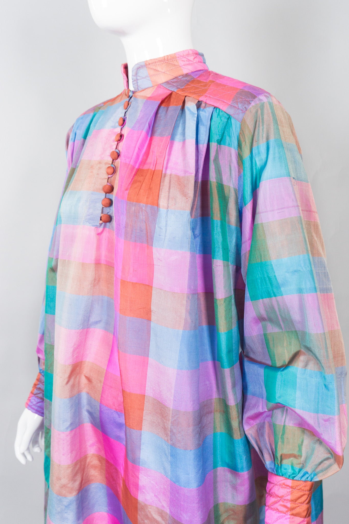 Raksha of Hindimp London for Neiman Marcus Pastel Plaid Check Vintage Silk Kaftan