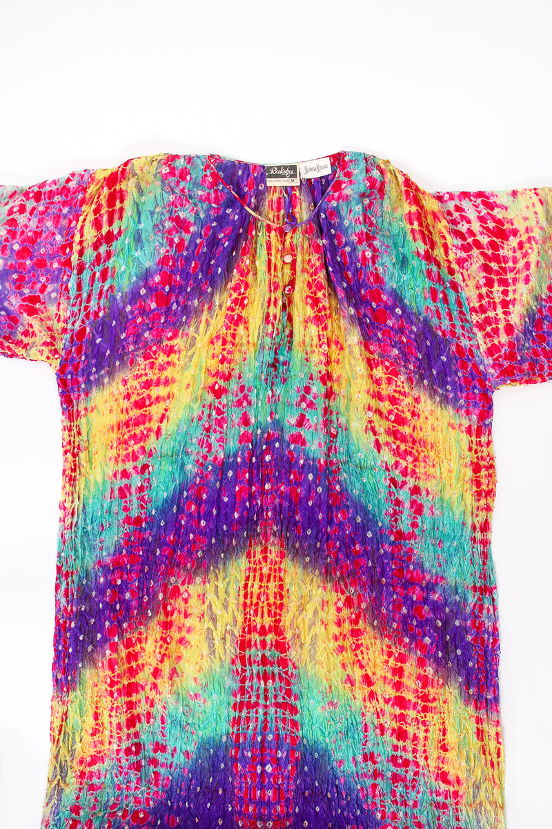 Vintage Raksha Rainbow Silk Bandhani Tie Dye Caftan flat at Recess Los Angeles