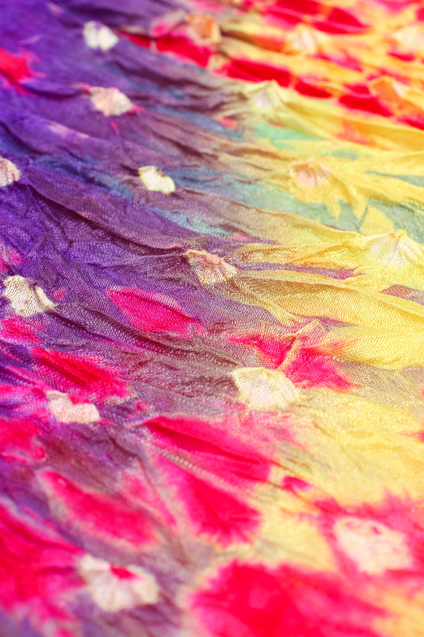 Vintage Raksha Rainbow Silk Bandhani Tie Dye Caftan fabric detail at Recess Los Angeles