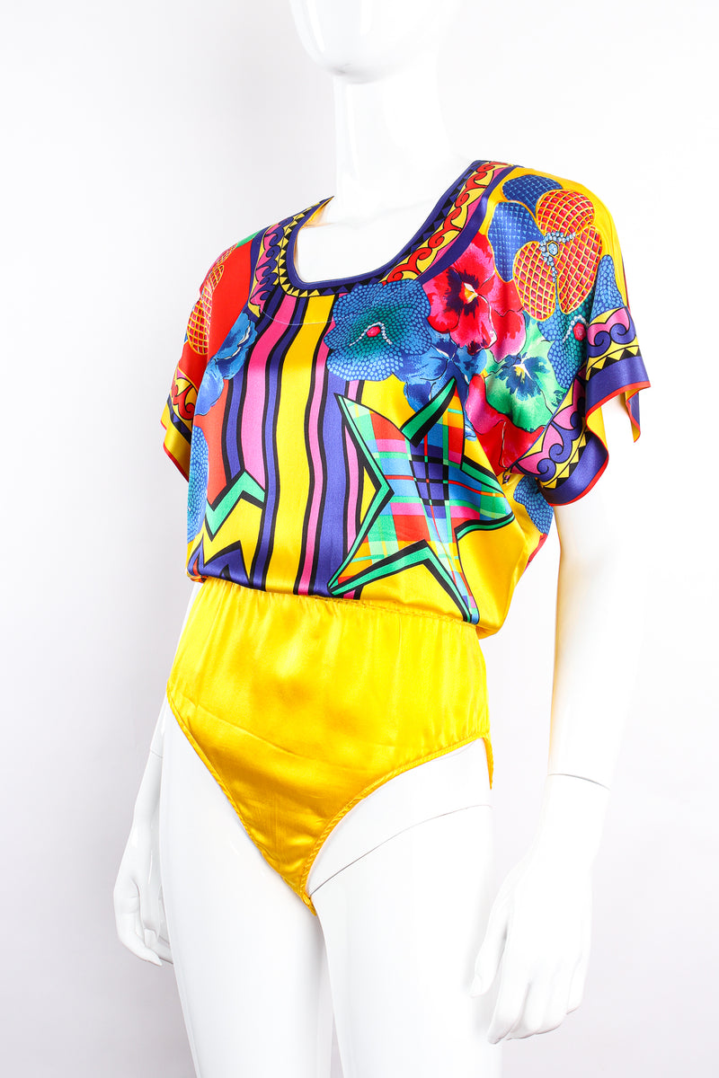 Vintage Escada Collage Pop Art Print Bodysuit on Mannequin angle at Recess Los Angeles