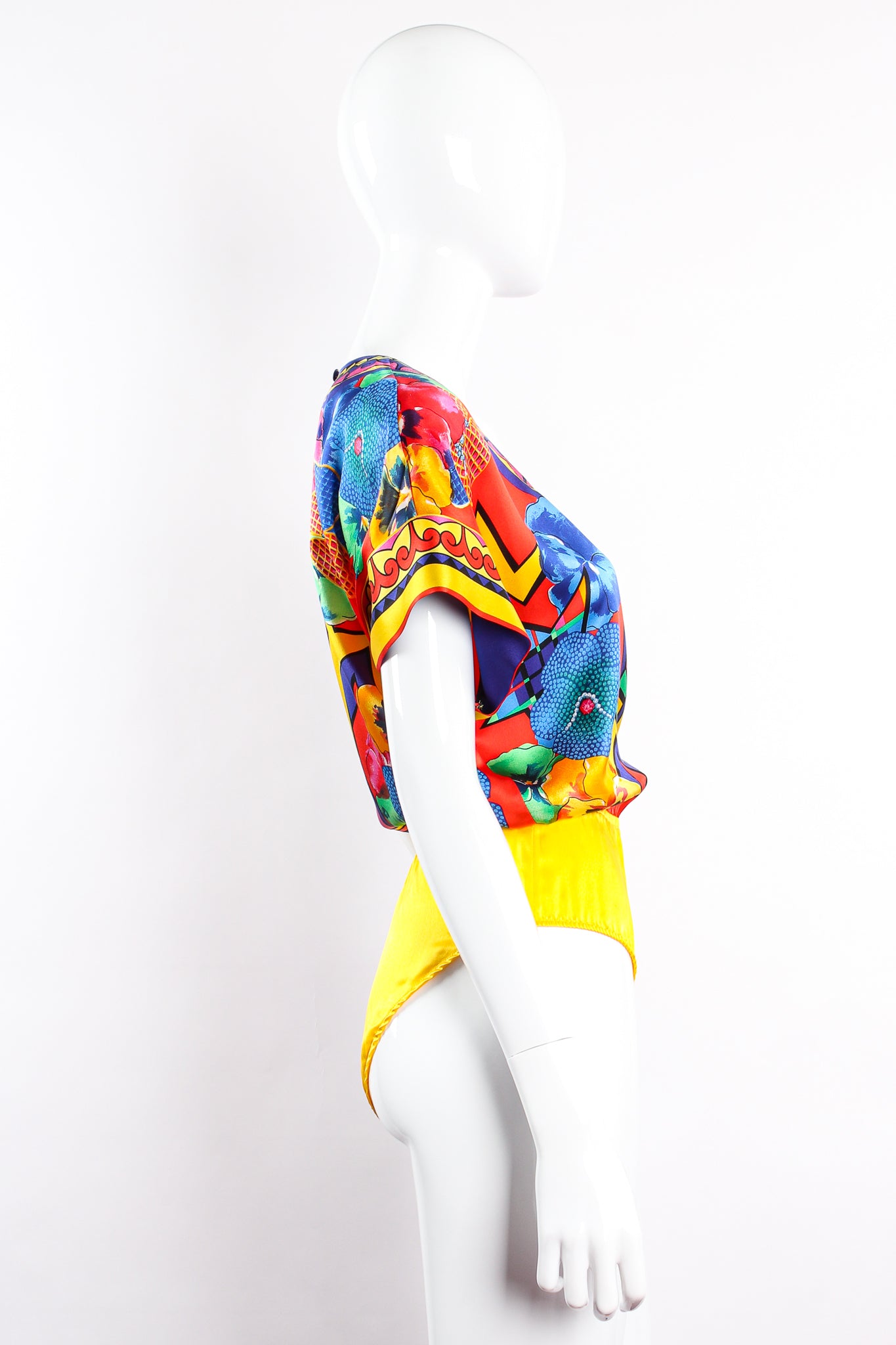 Vintage Escada Collage Pop Art Print Bodysuit on Mannequin side at Recess Los Angeles