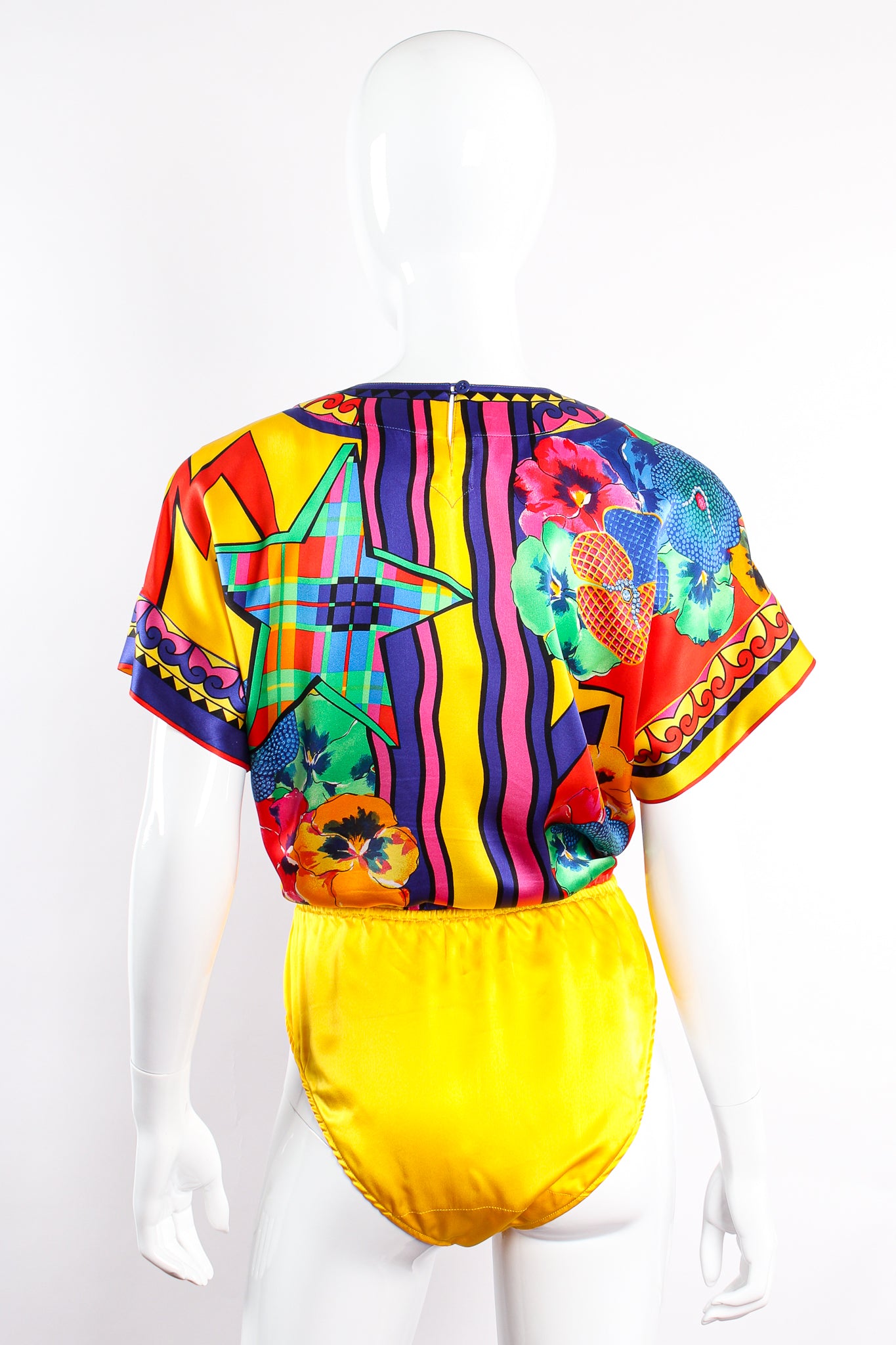 Vintage Escada Collage Pop Art Print Bodysuit on Mannequin back at Recess Los Angeles