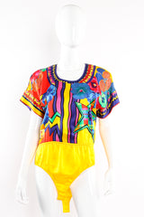 Vintage Escada Collage Pop Art Print Bodysuit on Mannequin front at Recess Los Angeles