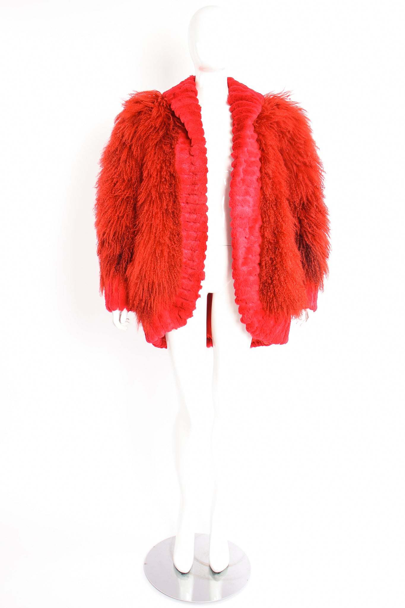 Vintage Evans Red Mongolian Fur Shawl Collar Coat on Mannequin Front open at Recess Los Angeles