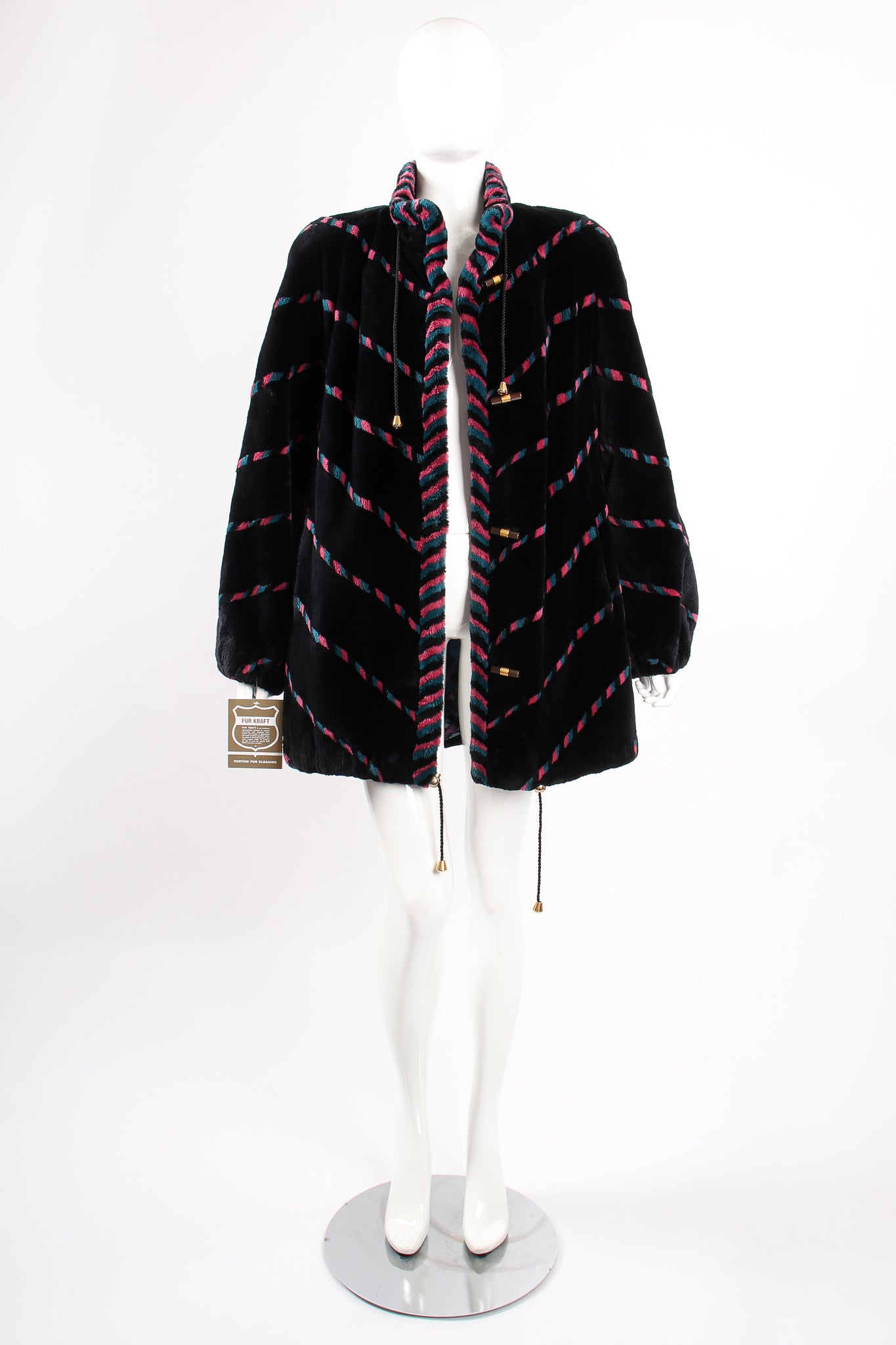 Vintage Revillon Chevron Stripe Toggle Fur Coat on Mannequin front at Recess Los Angeles