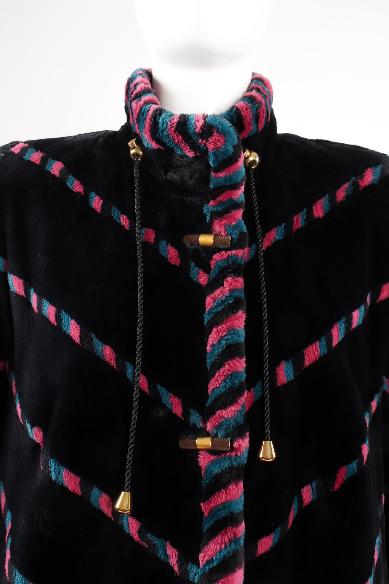 Vintage Revillon Chevron Stripe Toggle Fur Coat on Mannequin collar at Recess Los Angeles