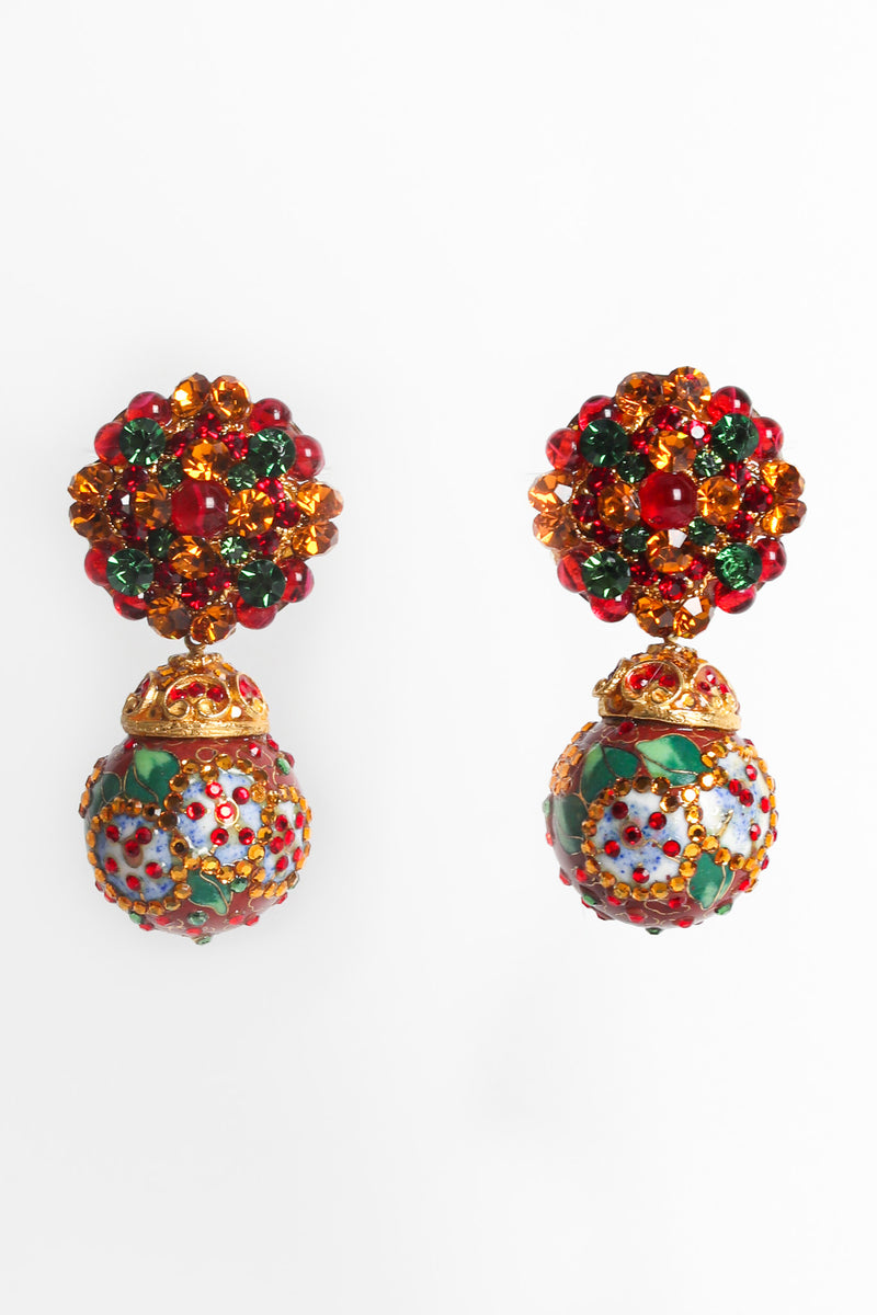 Vintage Floral Cloisonné Rhinestone Drop Earrings front hang @ Recess LA