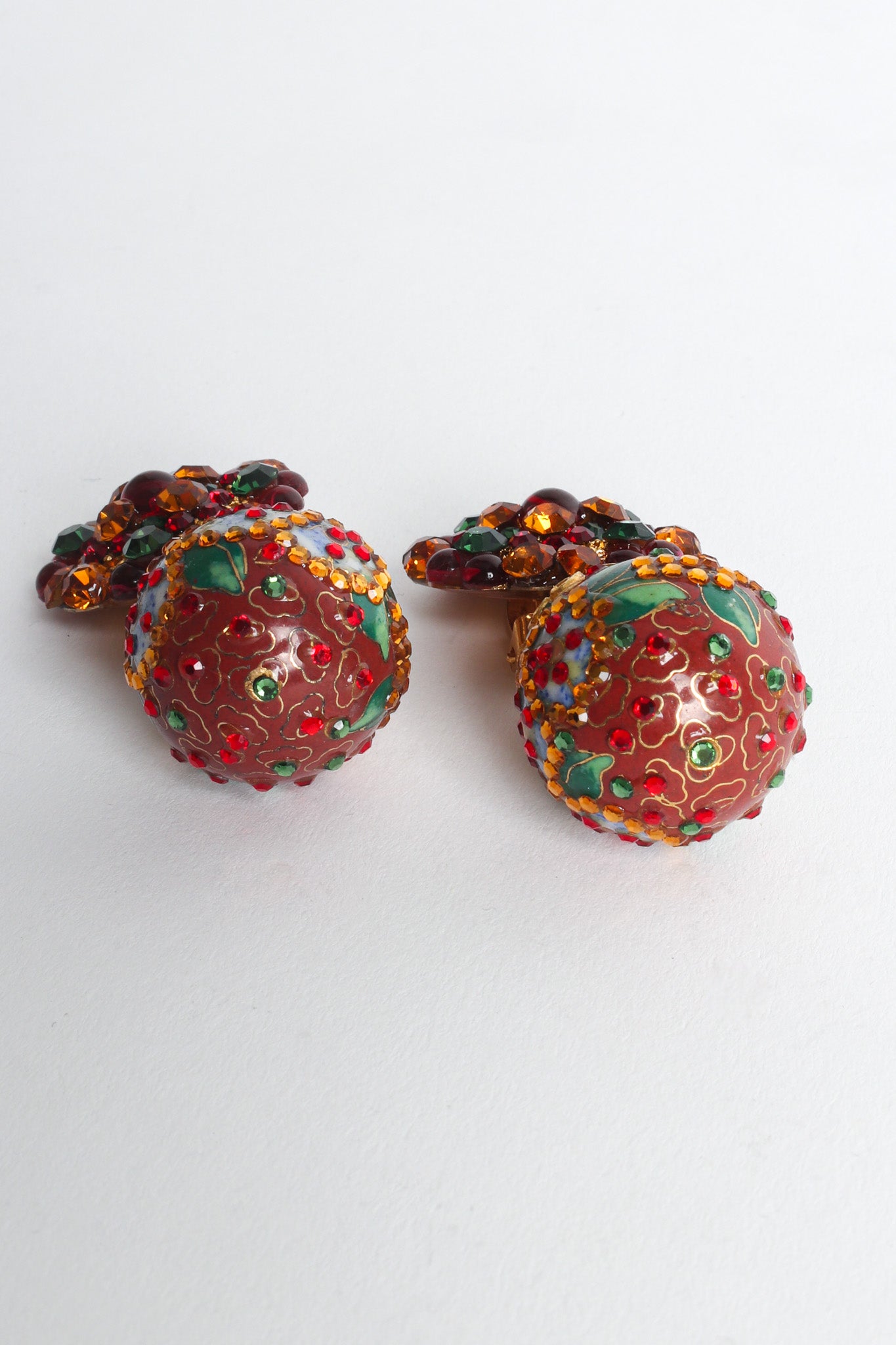 Vintage Floral Cloisonné Rhinestone Drop Earrings globe drop close  @ Recess LA