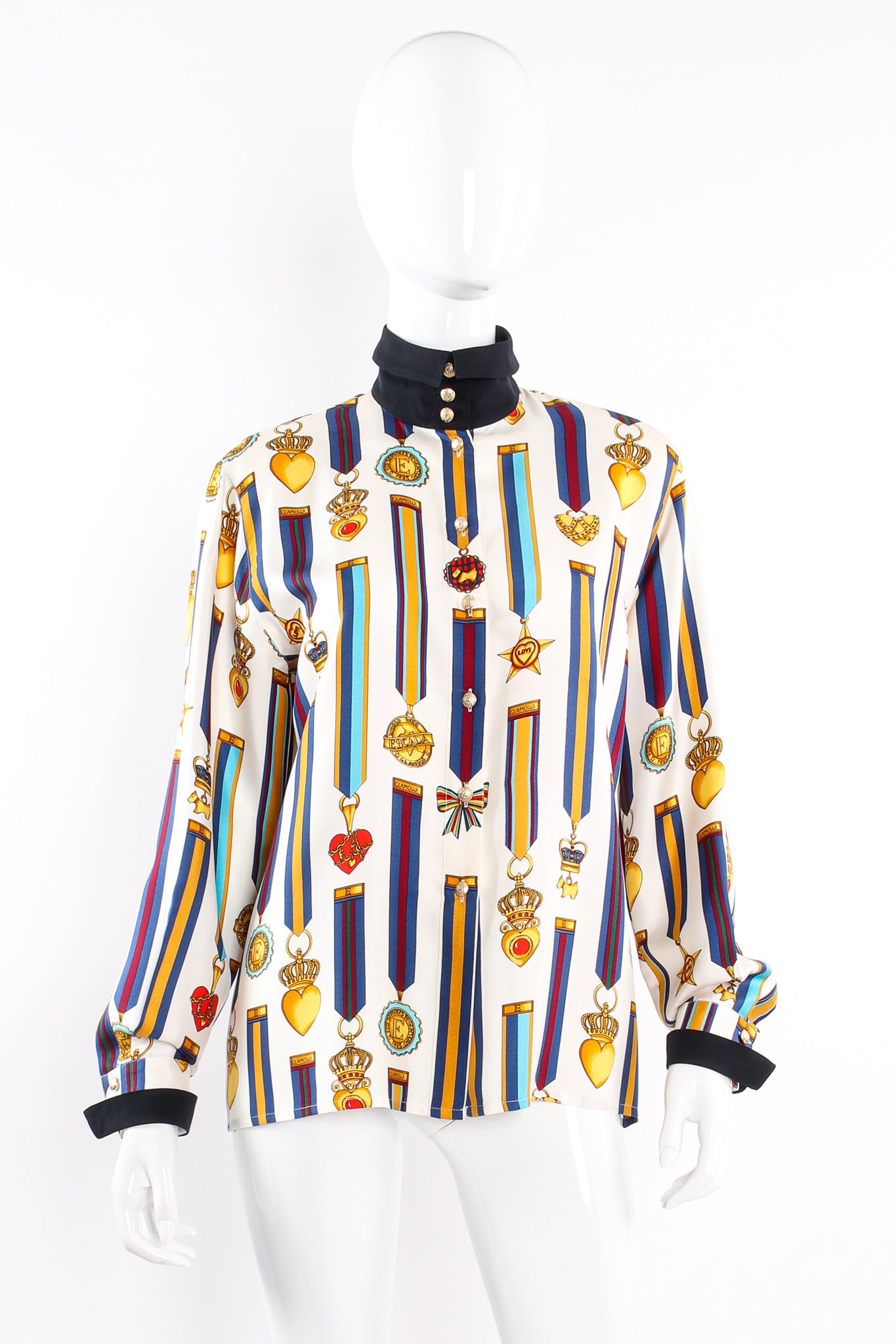 Vintage Escada Glamour Medals of Honor Print Blouse on mannequin front at Recess Los Angeles