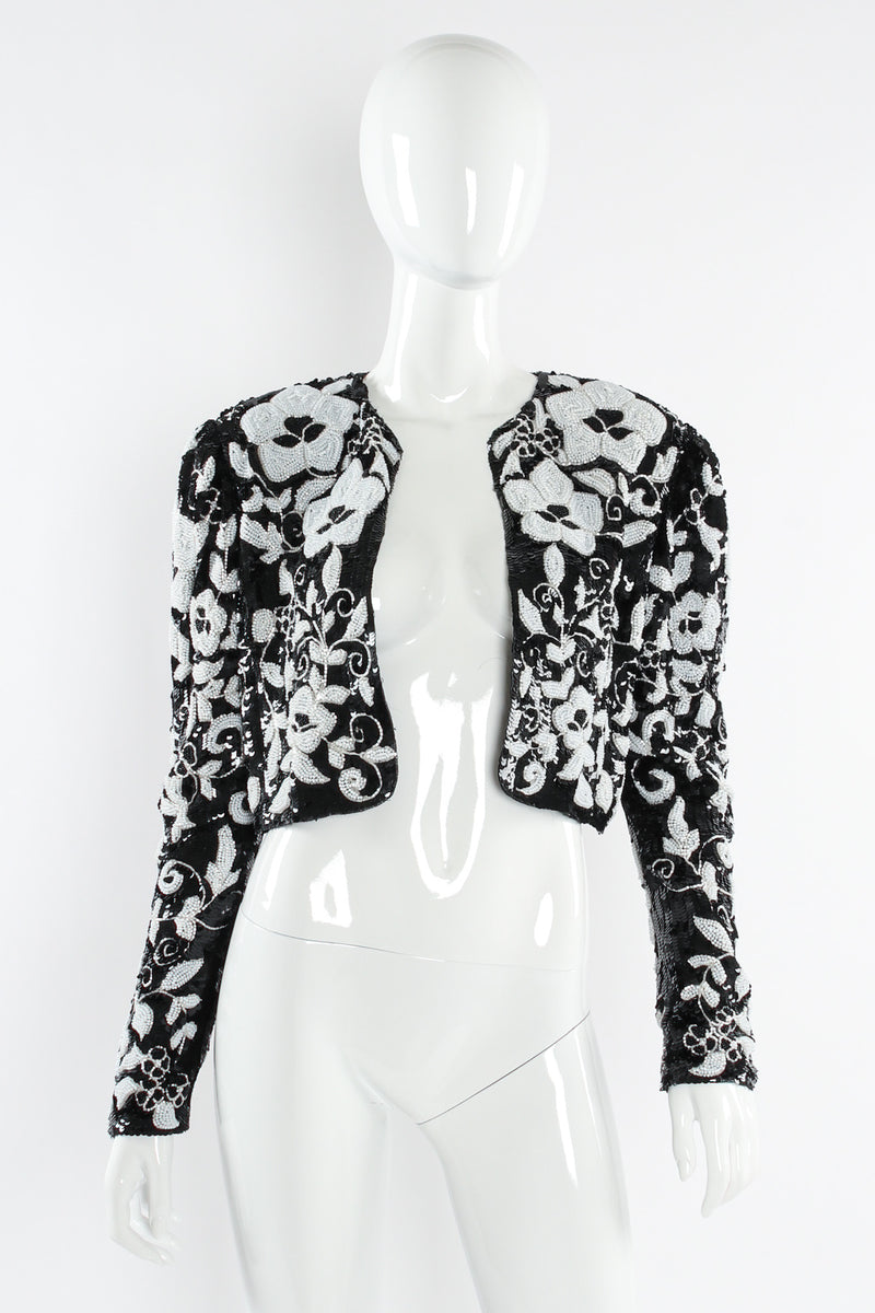 Vintage Ricco Antonio Floral Sequin Beaded Bolero Jacket mannequin front  @ Recess LA