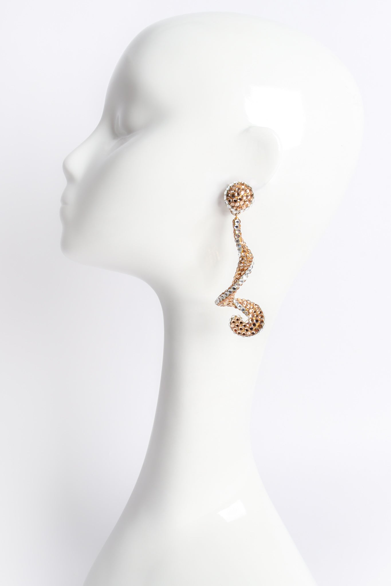 Vintage Richard Kerr Champagne Crystal Rhinestone Swirl Drop Earrings on mannequin at Recess Los Angeles