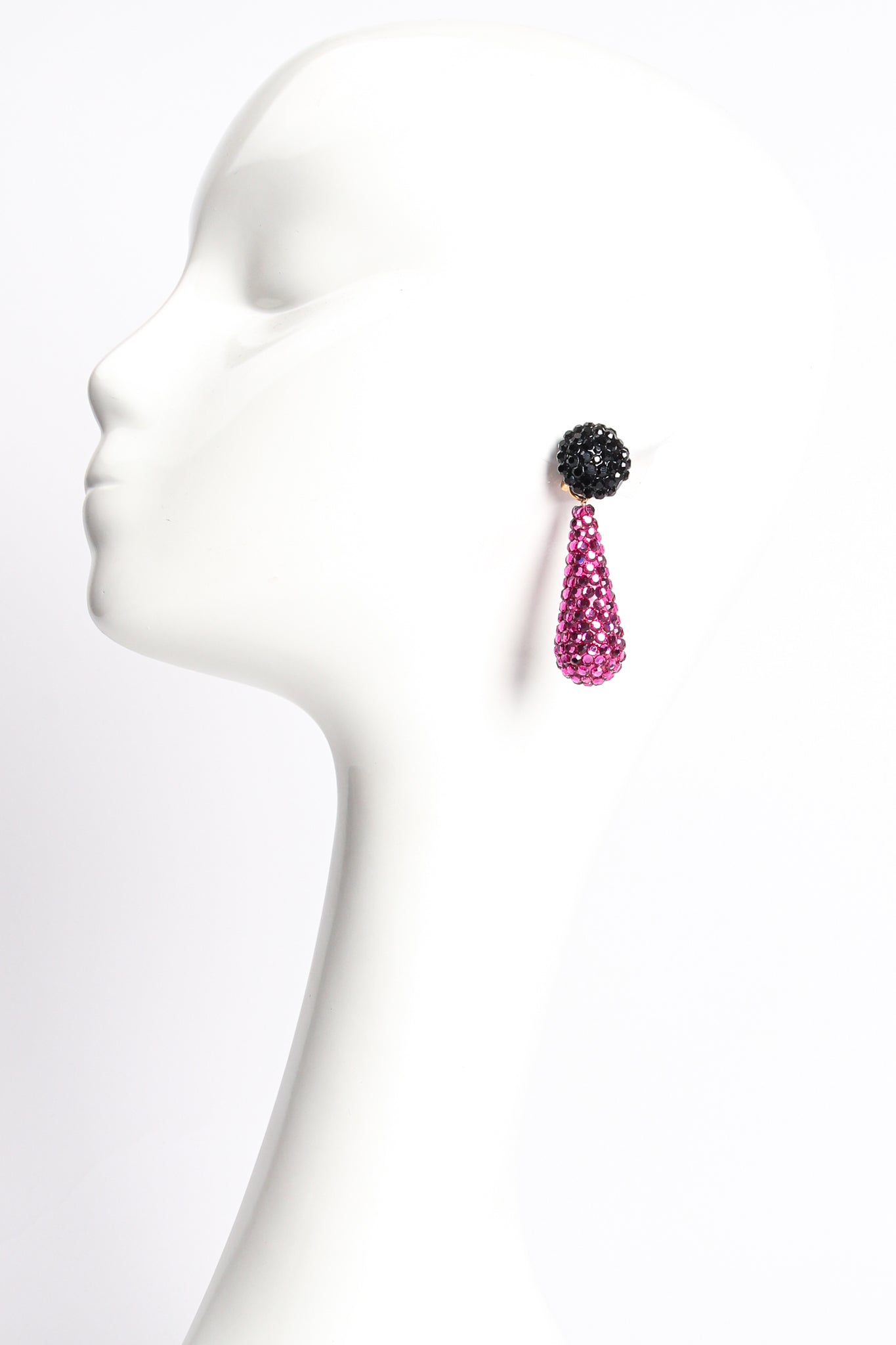 Vintage Richard Kerr Signature Fuchsia Rhinestone Drop Earrings on mannequin at Recess LA