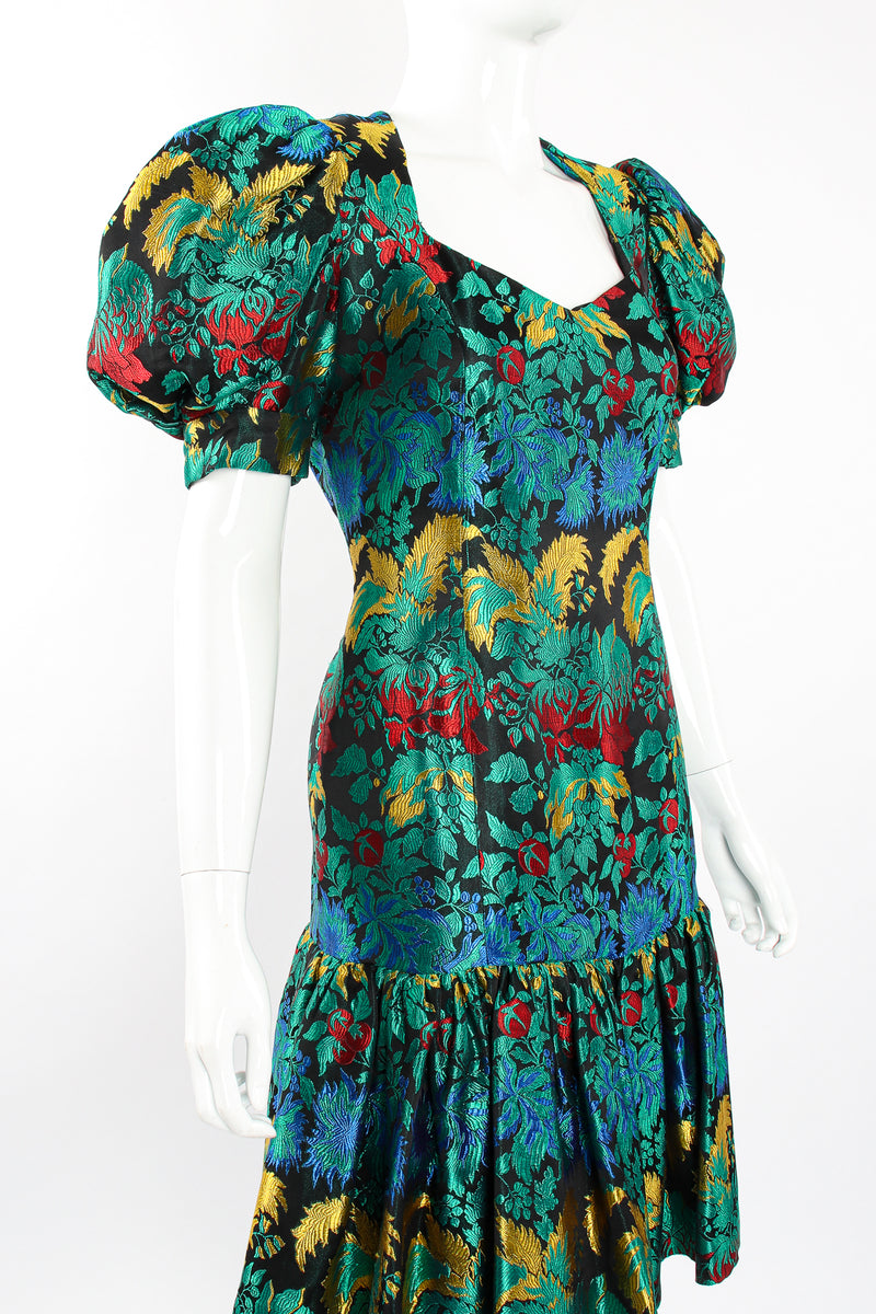 Vintage Richilene Puff Sleeve Brocade Dress on Mannequin angle crop at Recess Los Angeles