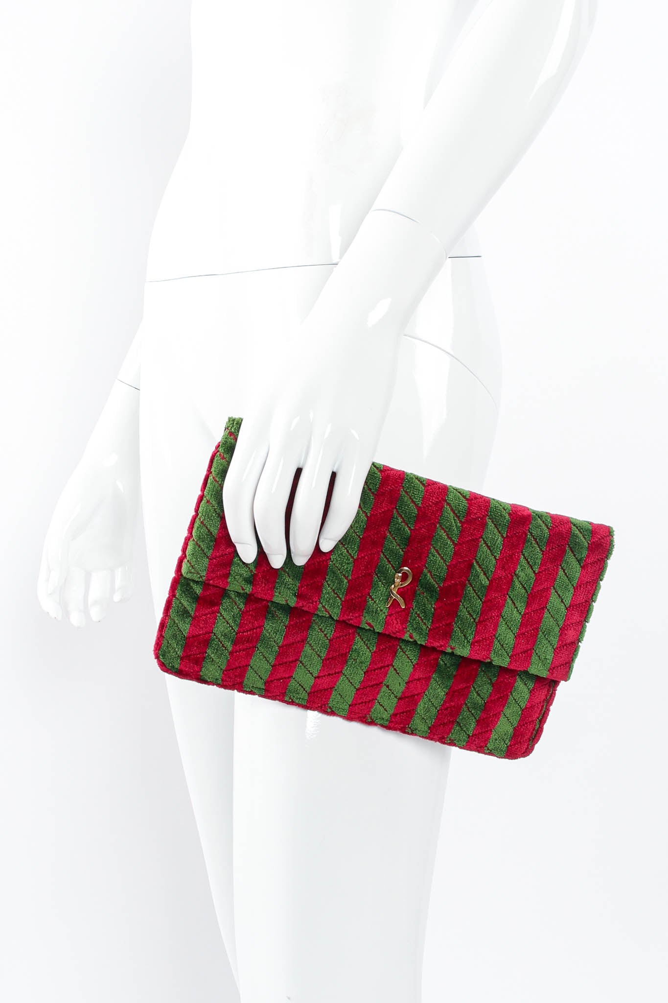 Vintage Roberta di Camerino Striped Velvet Clutch Bag on mannequin at Recess Los Angeles