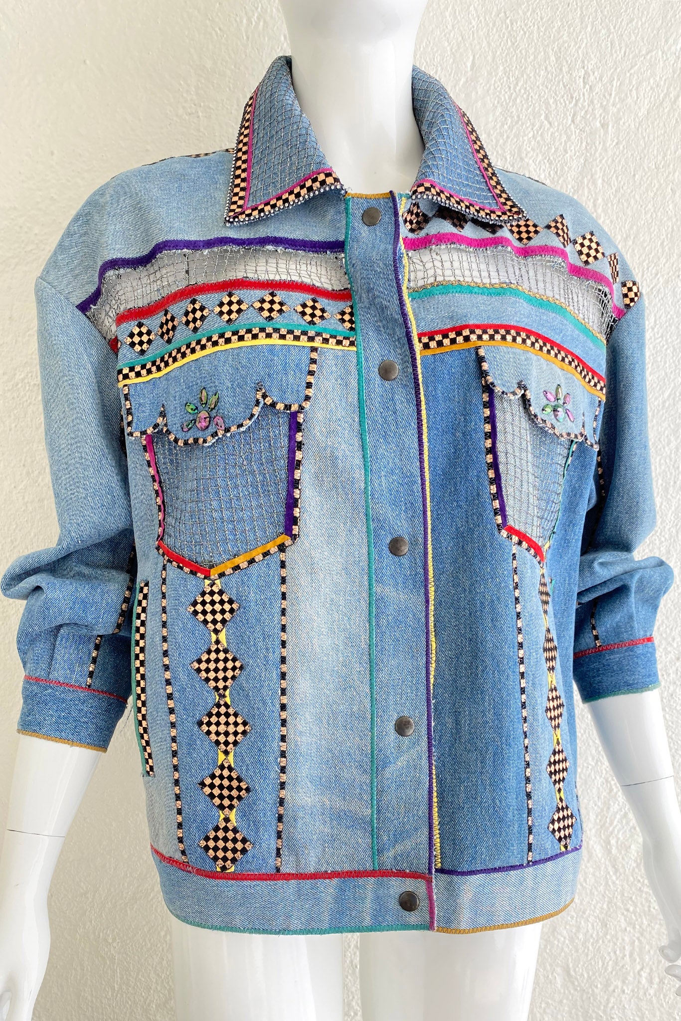 Vintage Roberto Cavalli for Amen Wardy Applique Denim Jacket on Mannequin front crop at Recess LA