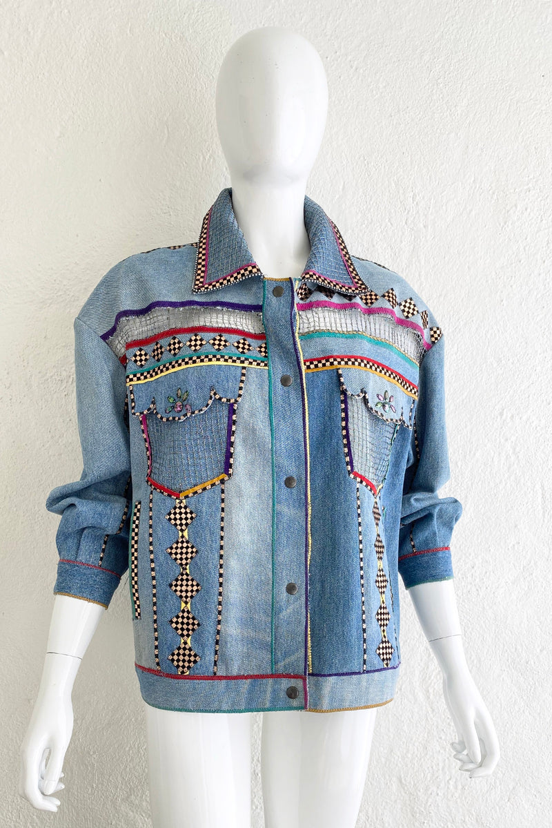 Vintage Roberto Cavalli for Amen Wardy Applique Denim Jacket on Mannequin front at Recess LA