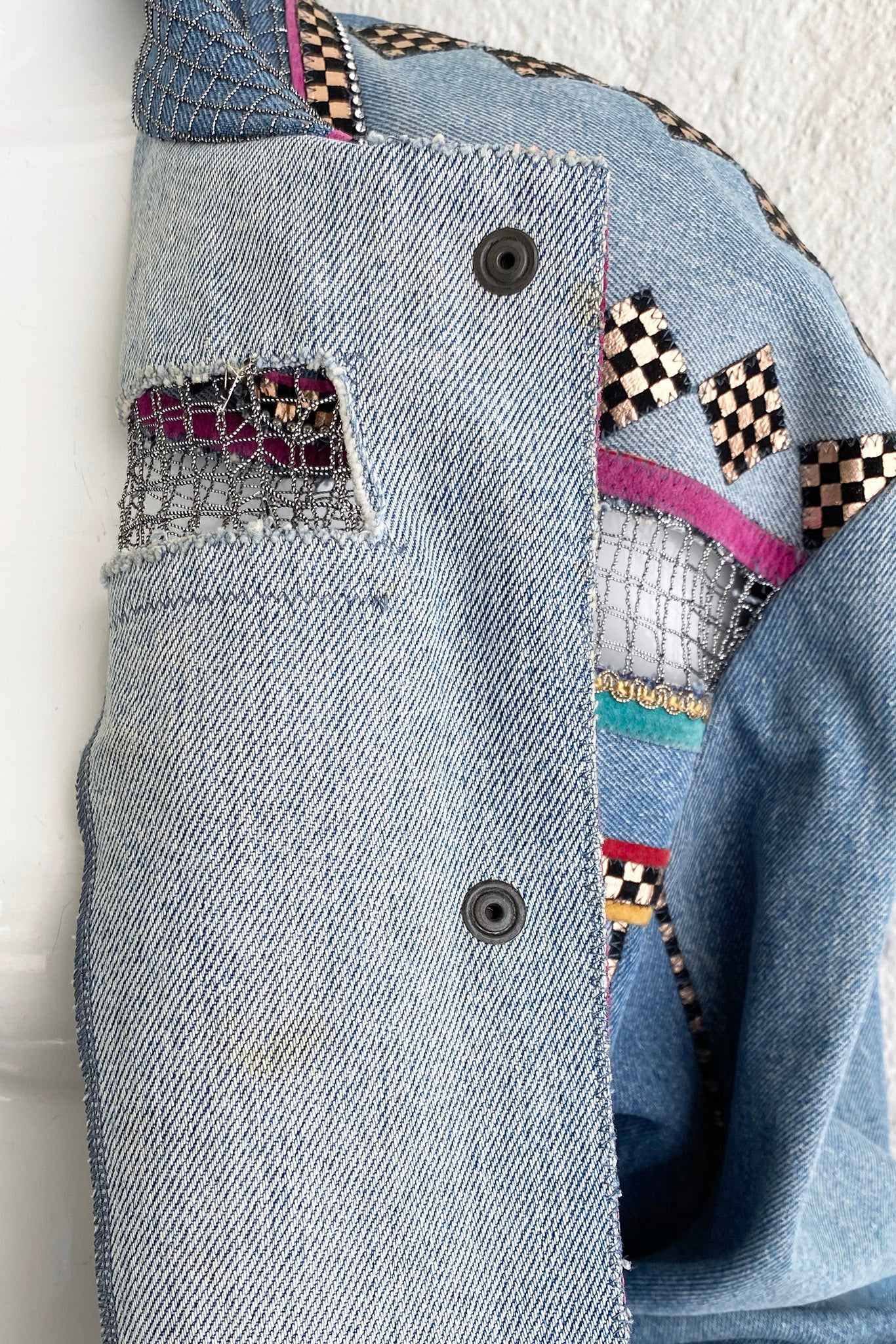 Vintage Roberto Cavalli for Amen Wardy Applique Denim Jacket inner lapel stains at Recess LA