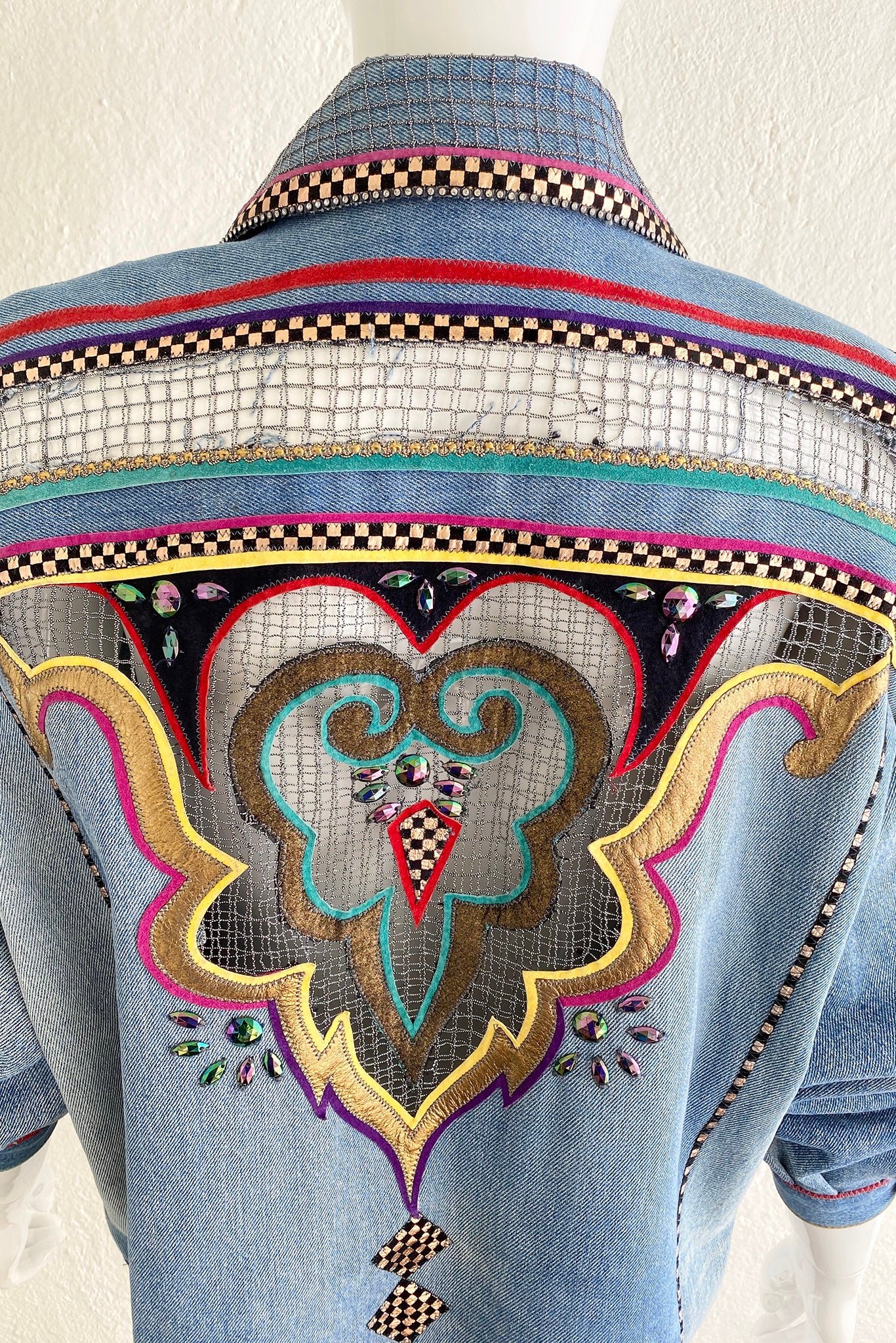 Vintage Roberto Cavalli for Amen Wardy Applique Denim Jacket on Mannequin Back Detail at Recess LA