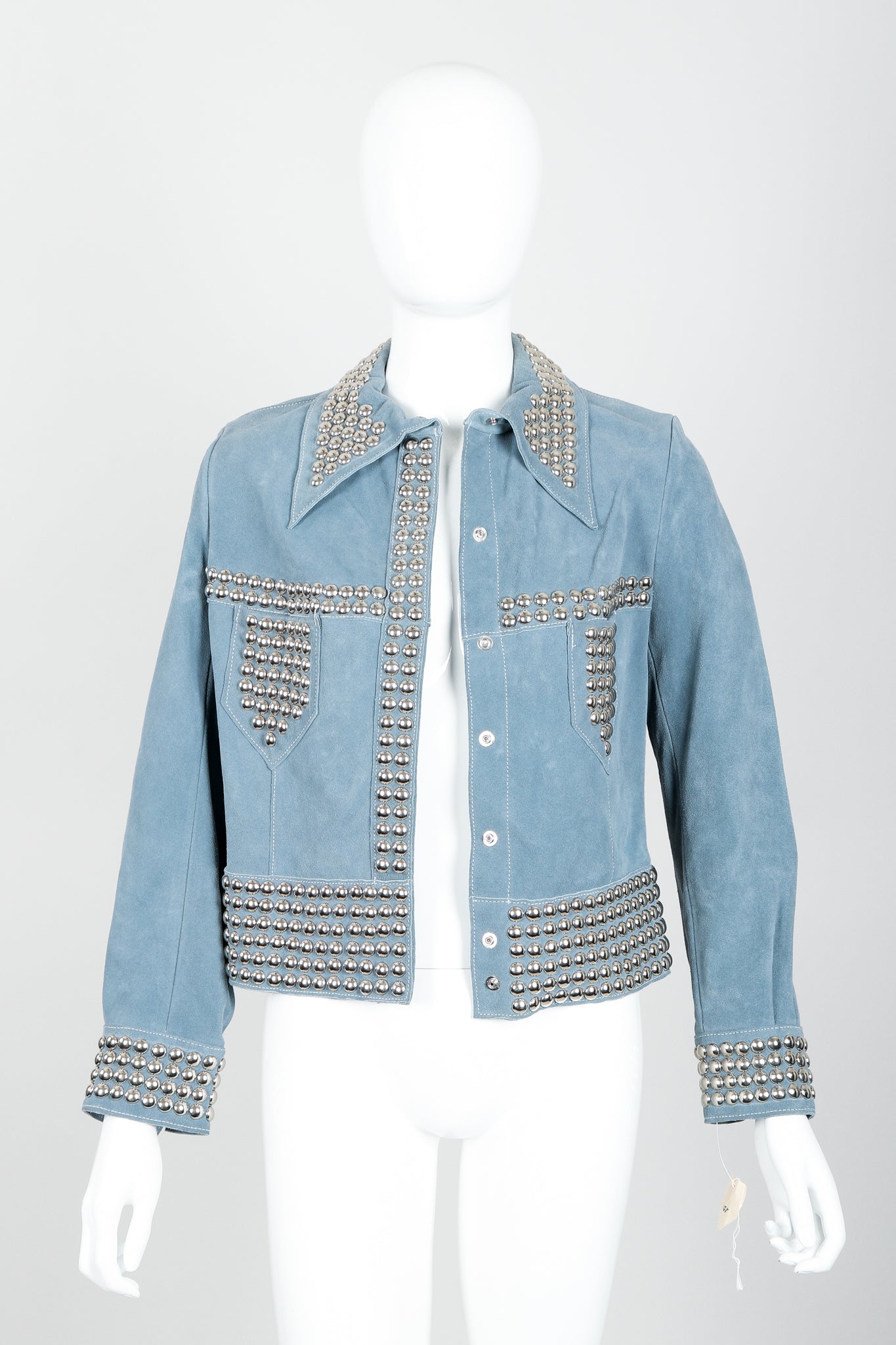 Vintage Roger Kuper Studded Suede Jacket on Mannequin front open at Recess Los Angeles