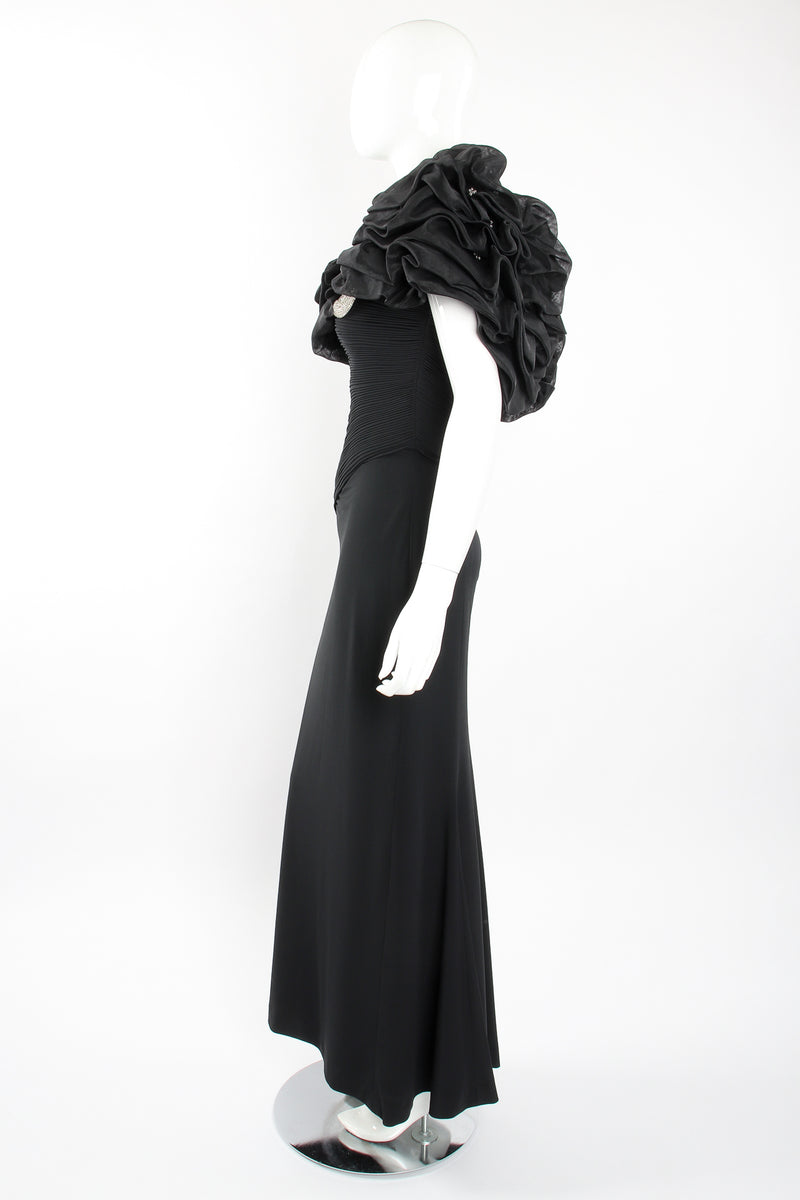 Vintage Rose Taft Ruffle Shoulder Sheath Gown on Mannequin side at Recess Los Angeles