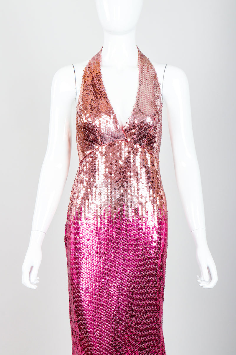 Vintage Ruben Panis Ombré Sequin Halter Gown on Mannequin Front Crop at Recess Los Angeles