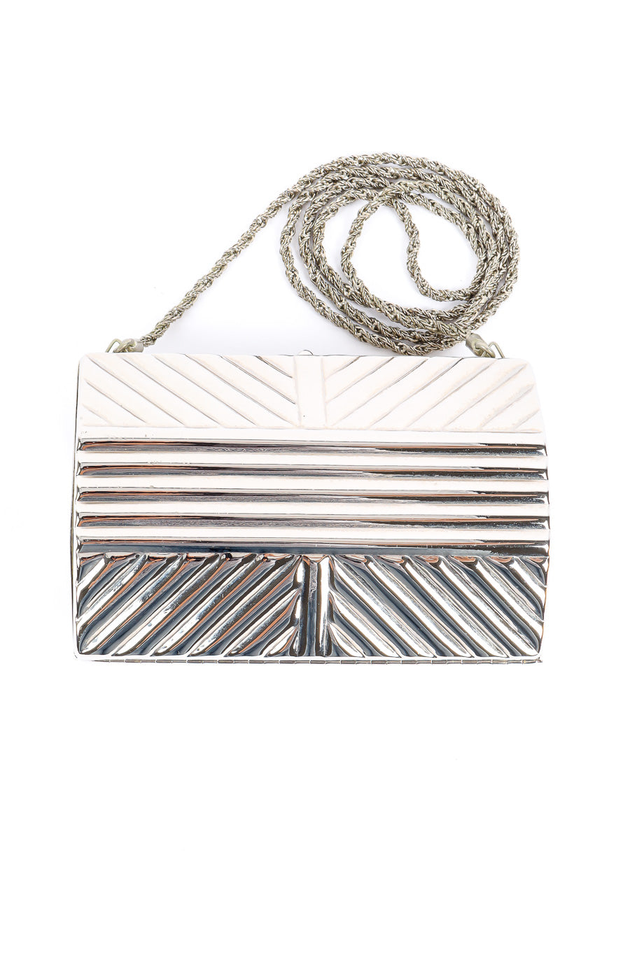 Saks Fifth Avenue metal silver clutch flat-lay product shot @recessla