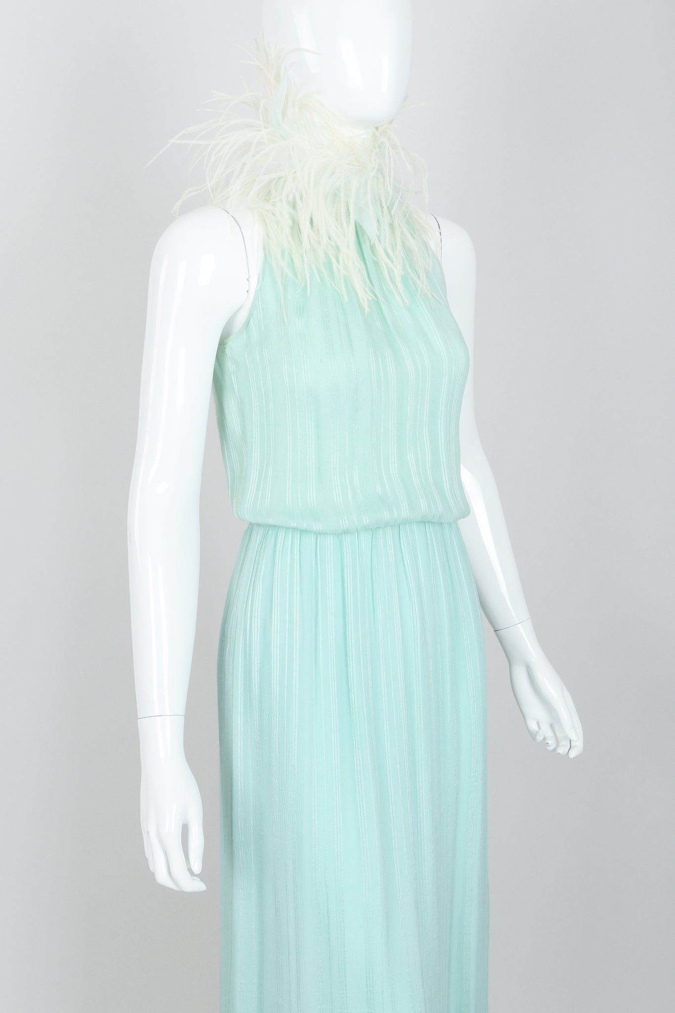 Vintage Saz International Silk Ostrich Feather Collar Dress on Mannequin angle crop at Recess