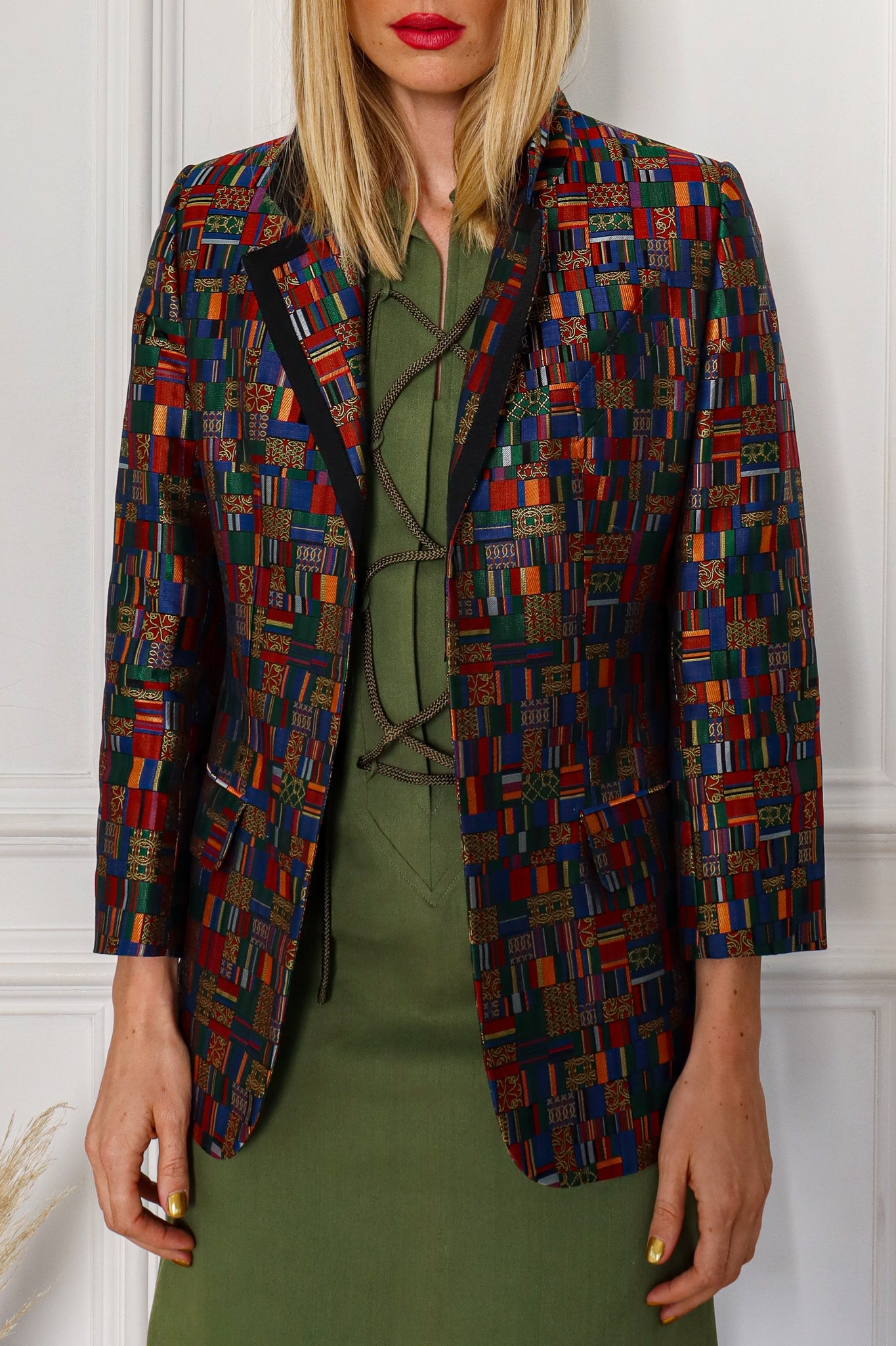 Model Miranda in Vintage Hermés Mosaic Patchwork Silk Blazer close up @ Recess Los Angeles