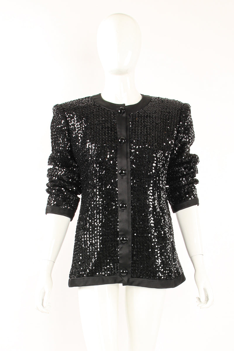 Vintage YSL Yves Saint Laurent Liquid Sequin Jacket on Mannequin front at Recess Los Angeles