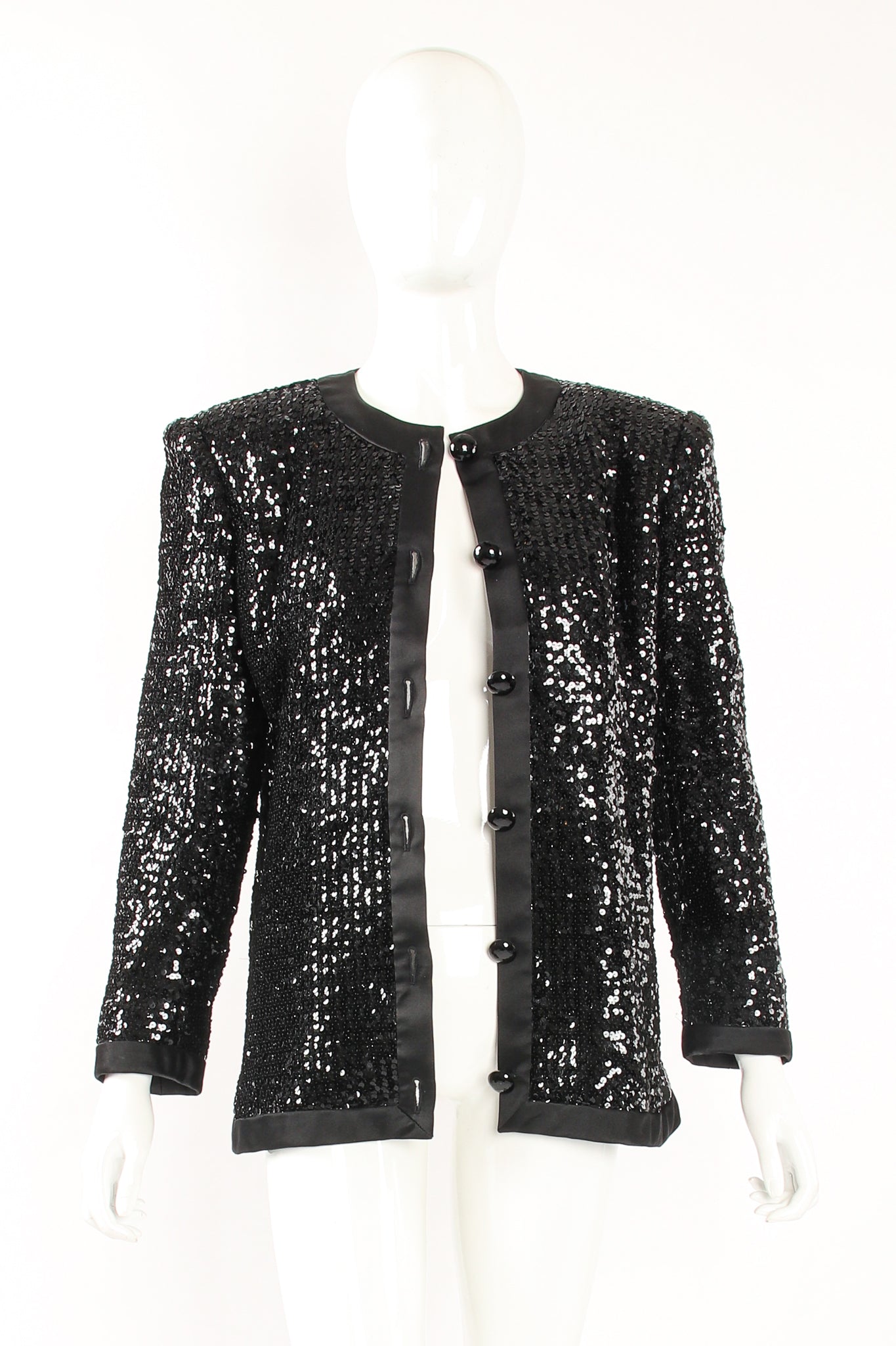 Vintage YSL Yves Saint Laurent Liquid Sequin Jacket on Mannequin open at Recess Los Angeles